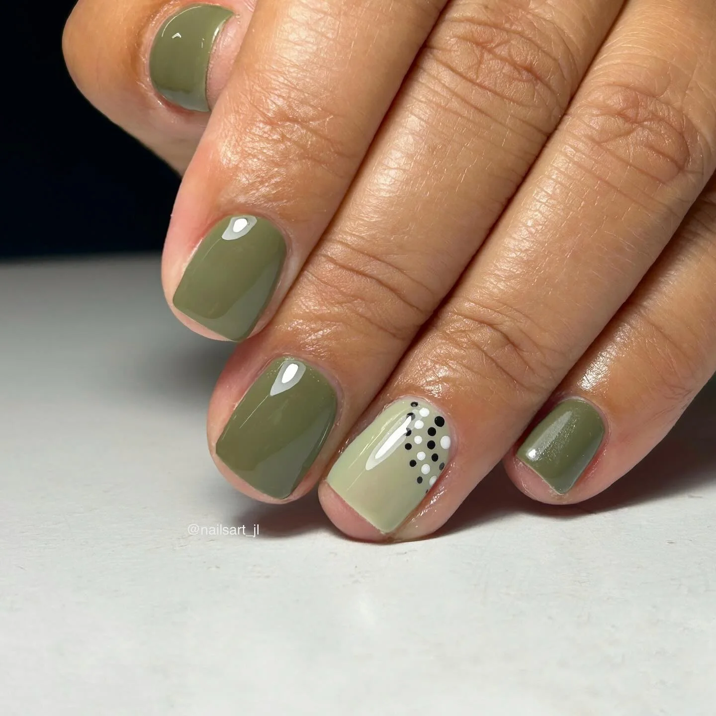 september nail designs 2026 Minimalist Olive Green Short Square Nails With Modern Dot Accent