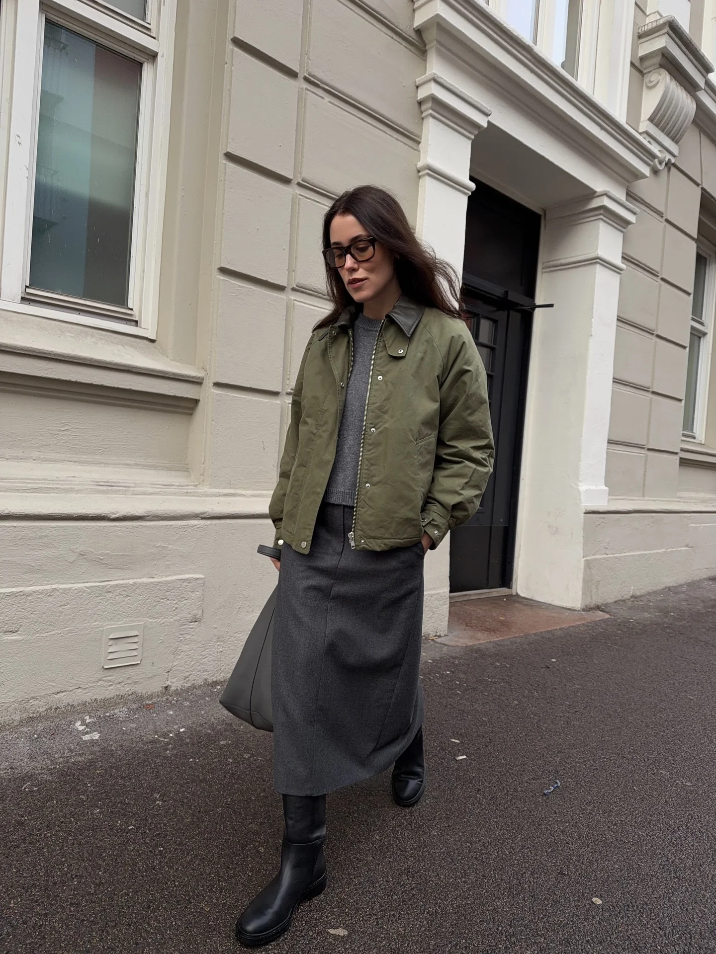 womens modest fall outfits 2026 Olive Utility Jacket With A Refined Knit Skirt