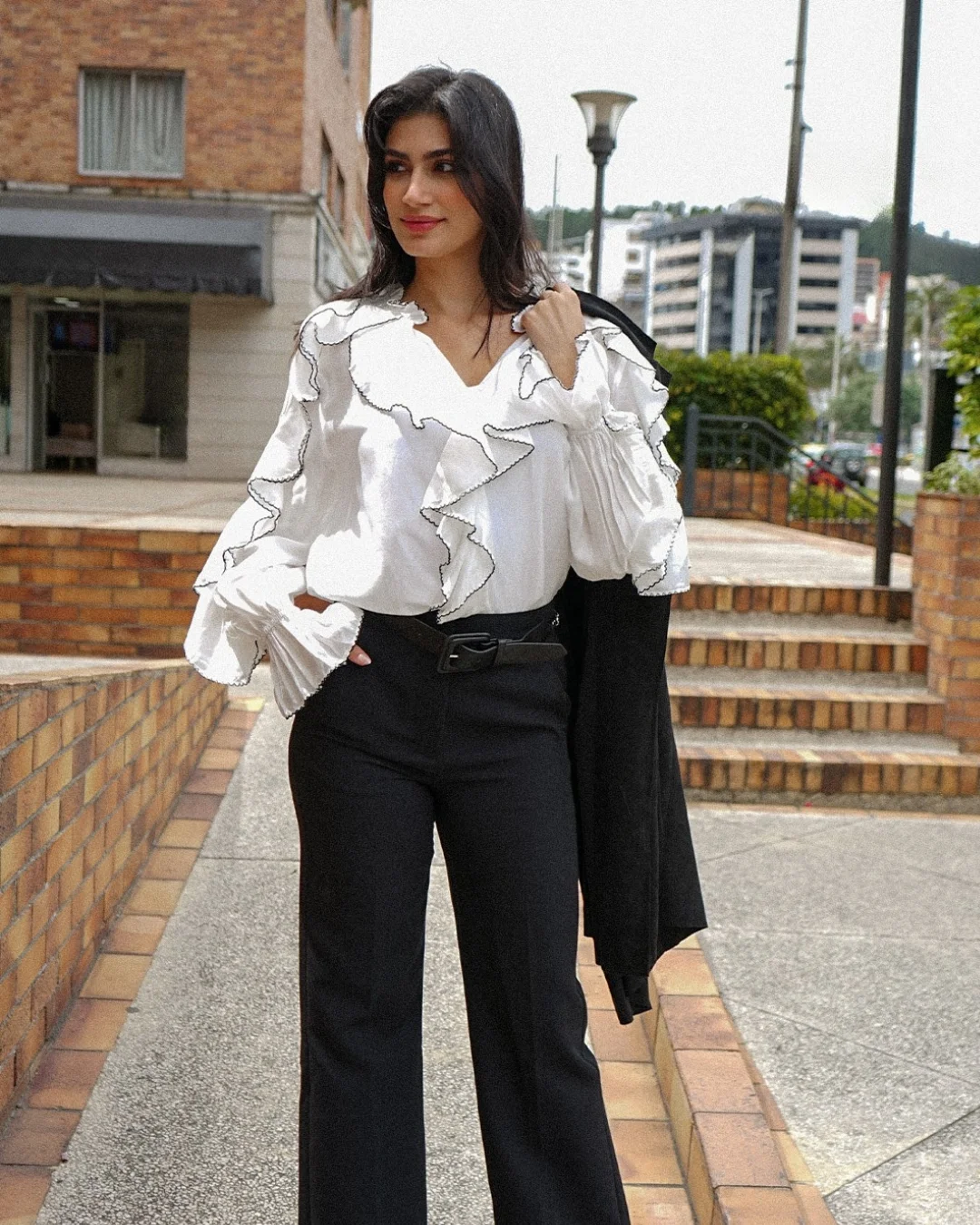 boho chic fall outfits for work 2026 Statement Ruffle Blouse With Tailored Black Trousers