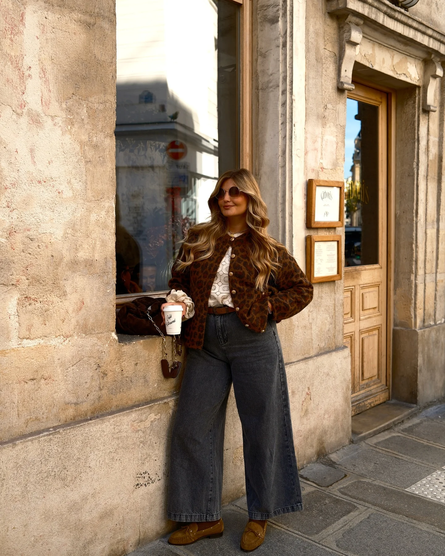 fall comfy outfits 2026 Leopard Cardigan With Wide-Leg Denim And Rich Autumn Browns