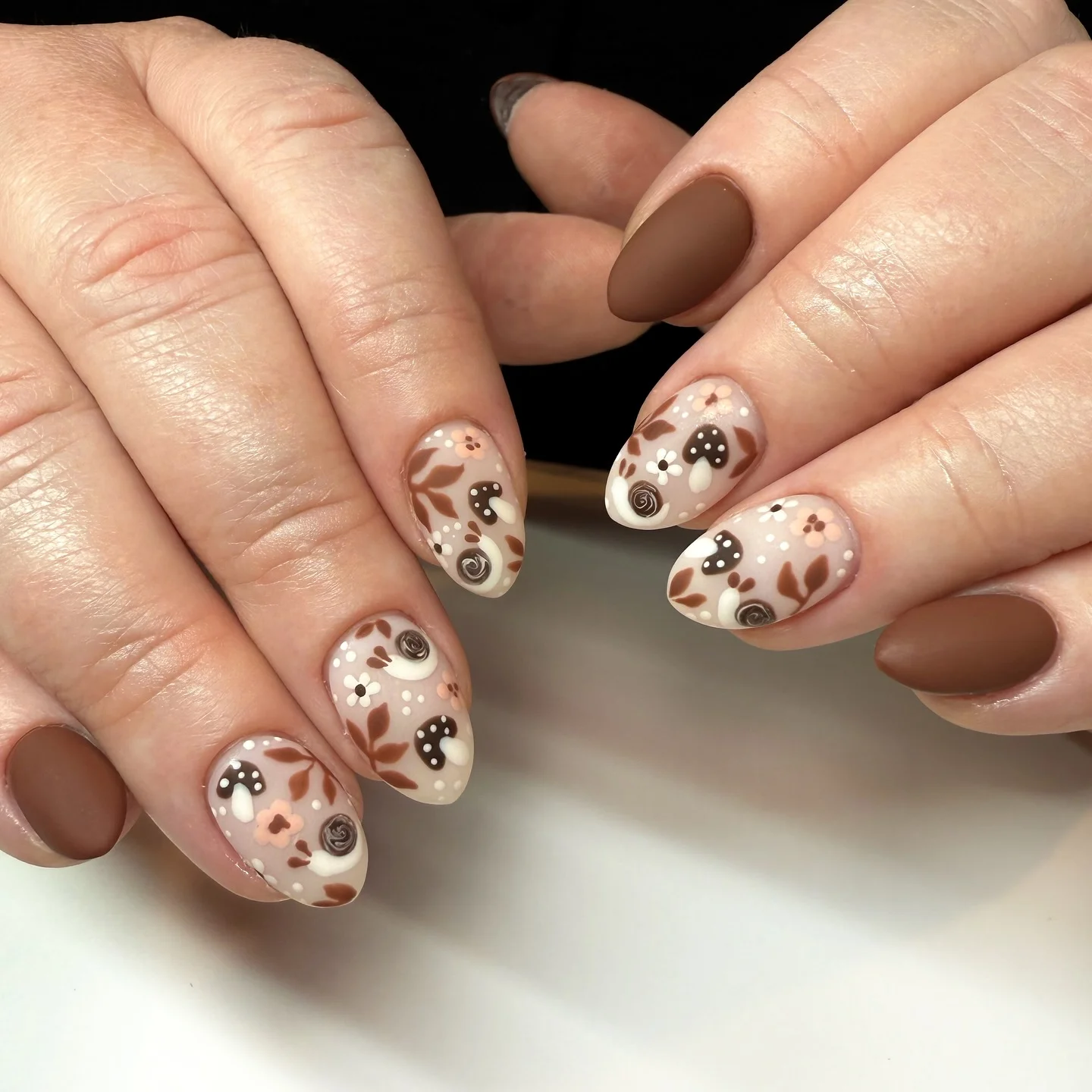 fall nail art 2026 Soft Mocha Woodland Floral Elegance