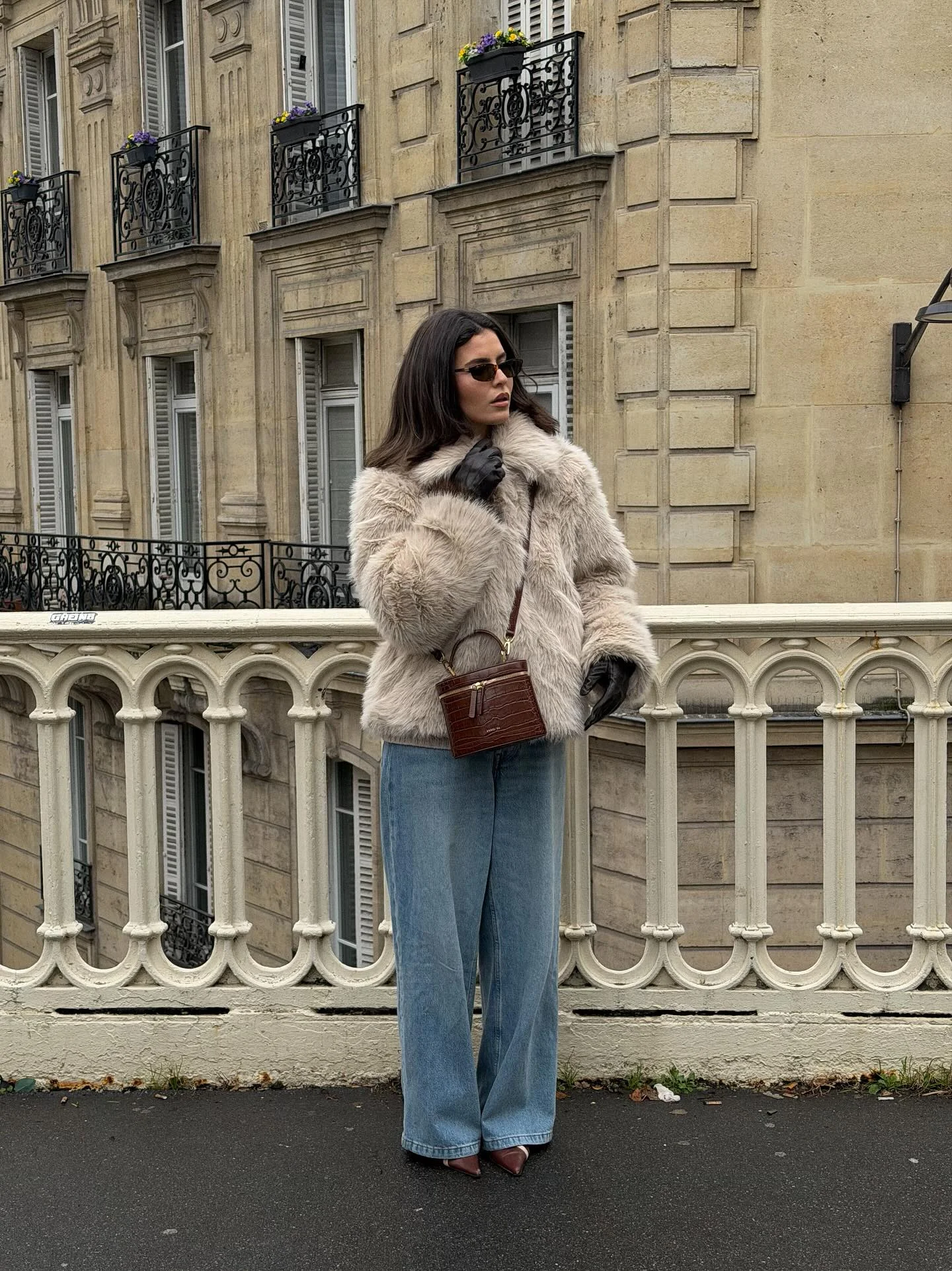 faux fur jacket Soft Ivory Faux Fur With Wide-Leg Blue Jeans