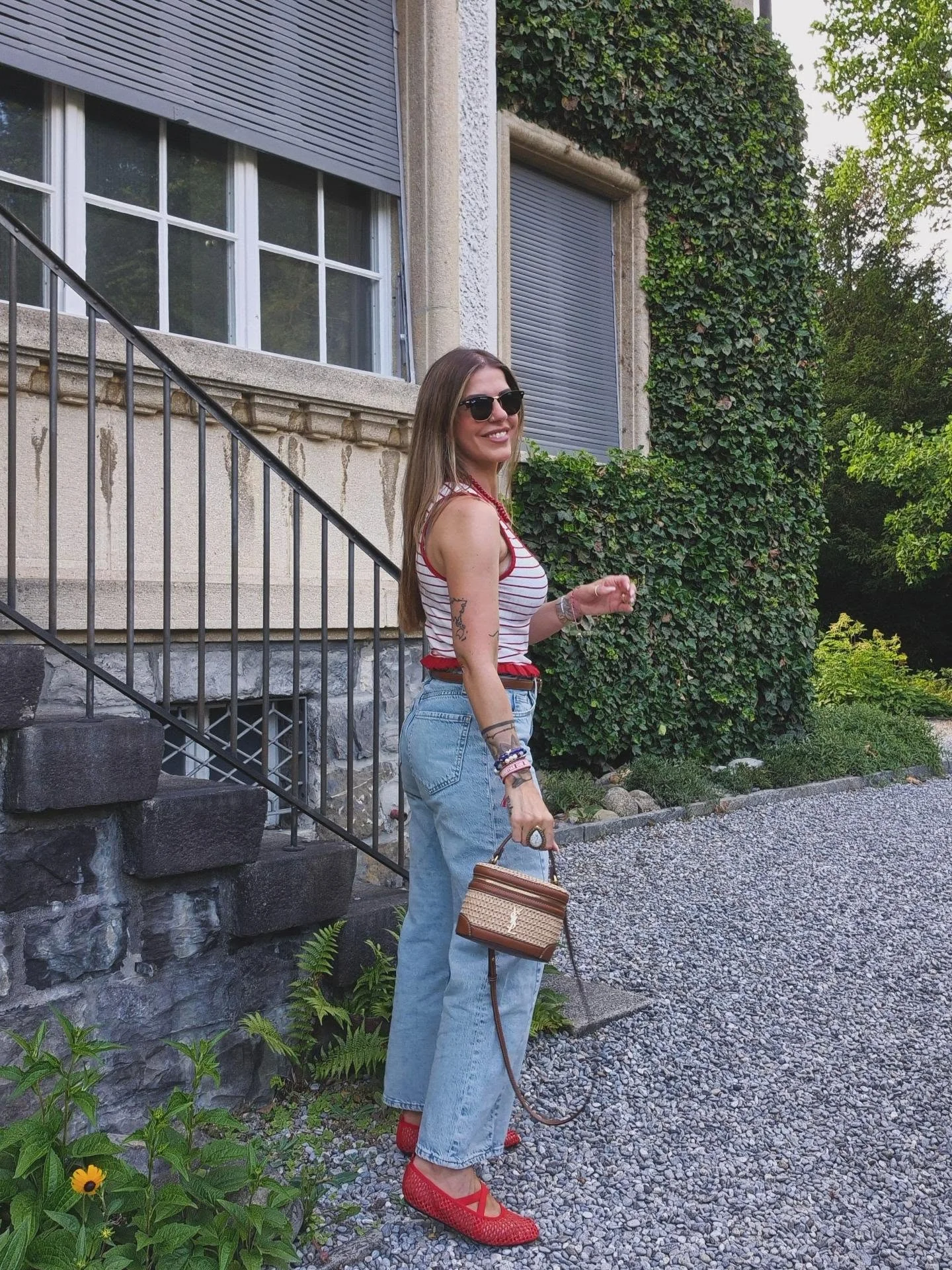 early fall outfits late summer Striped Tank And Vintage Denim With Pops Of Red