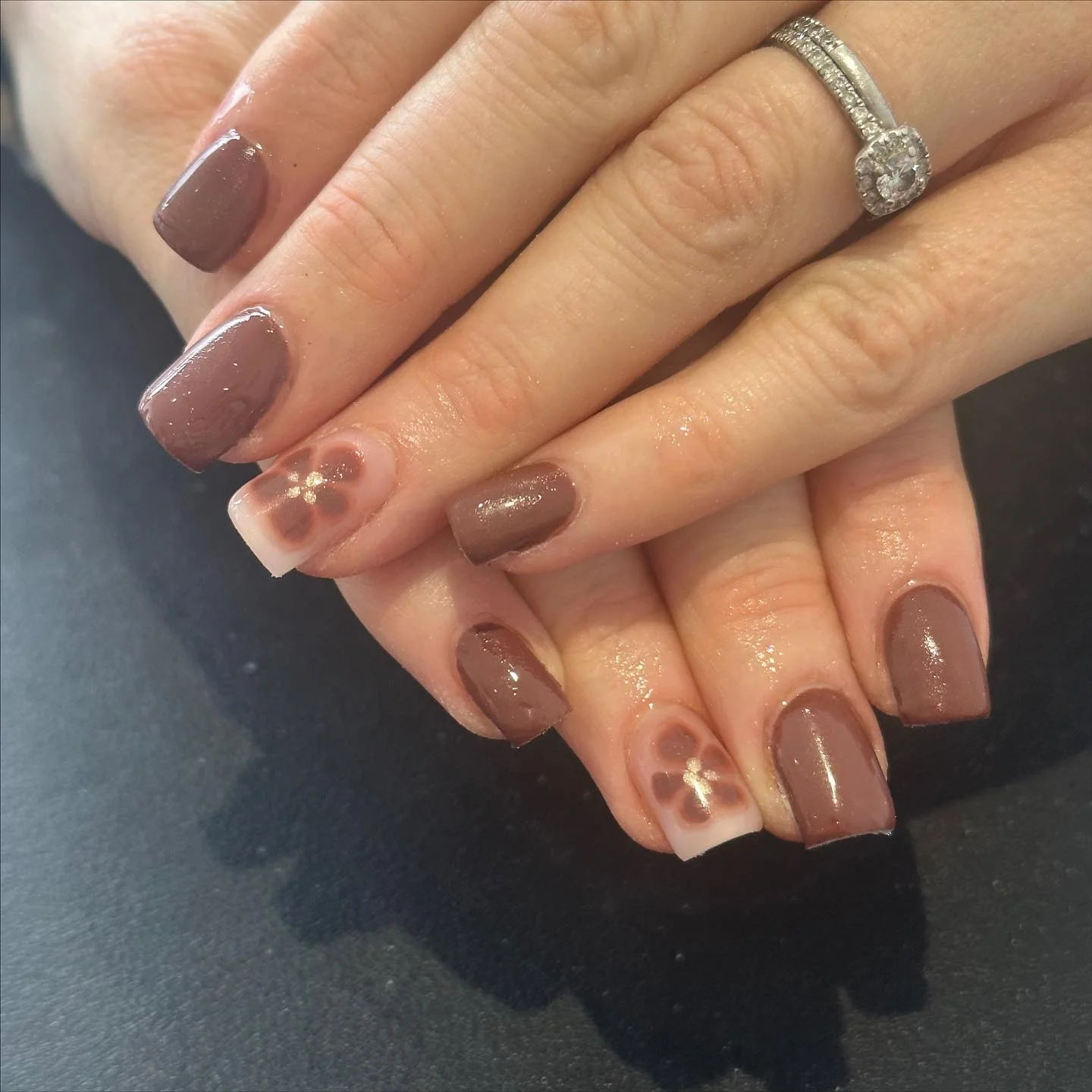 fall acrylic nails 2026 Chocolate Blossom Accent Nails