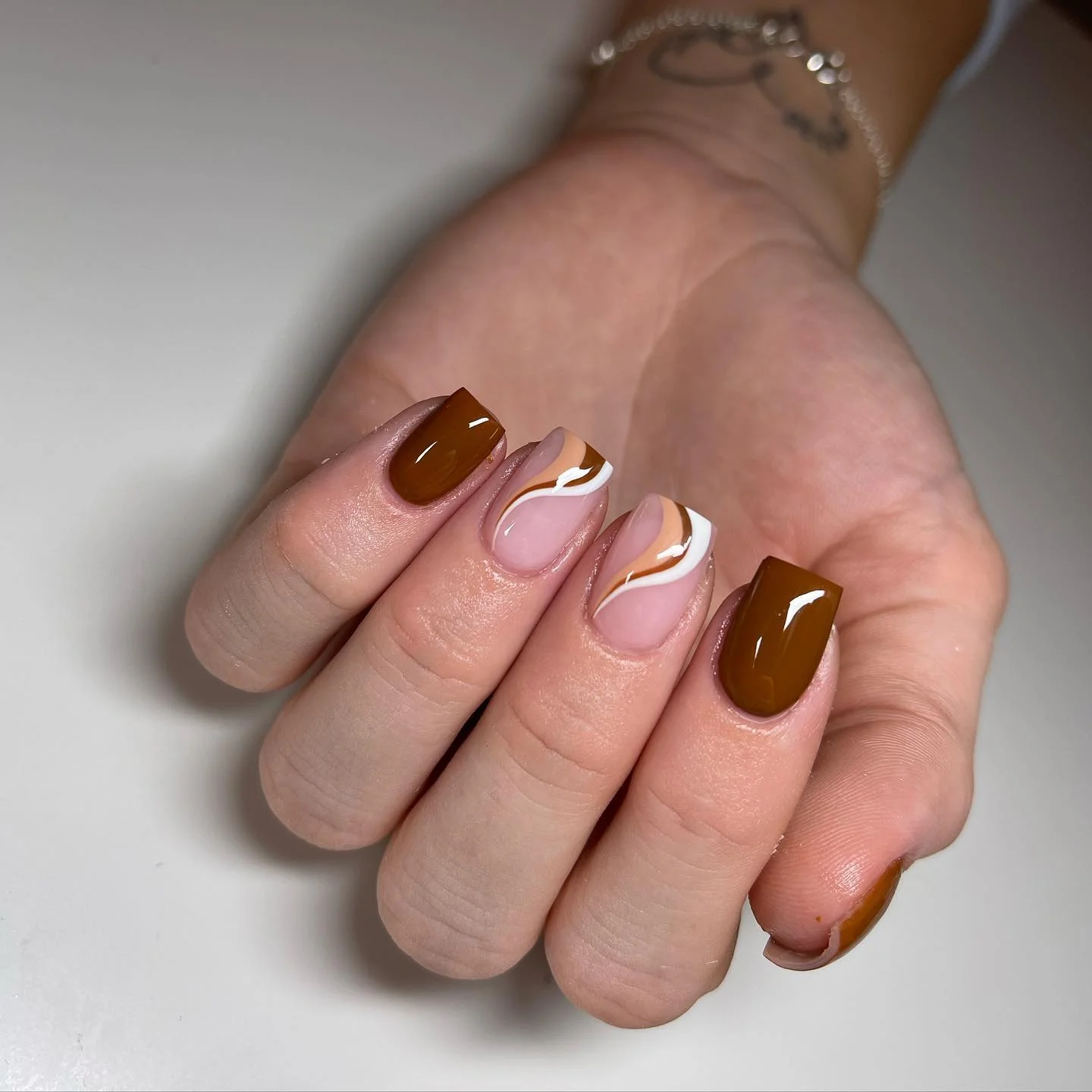 fall medium nail ideas 2026 Caramel Swirl Modern French