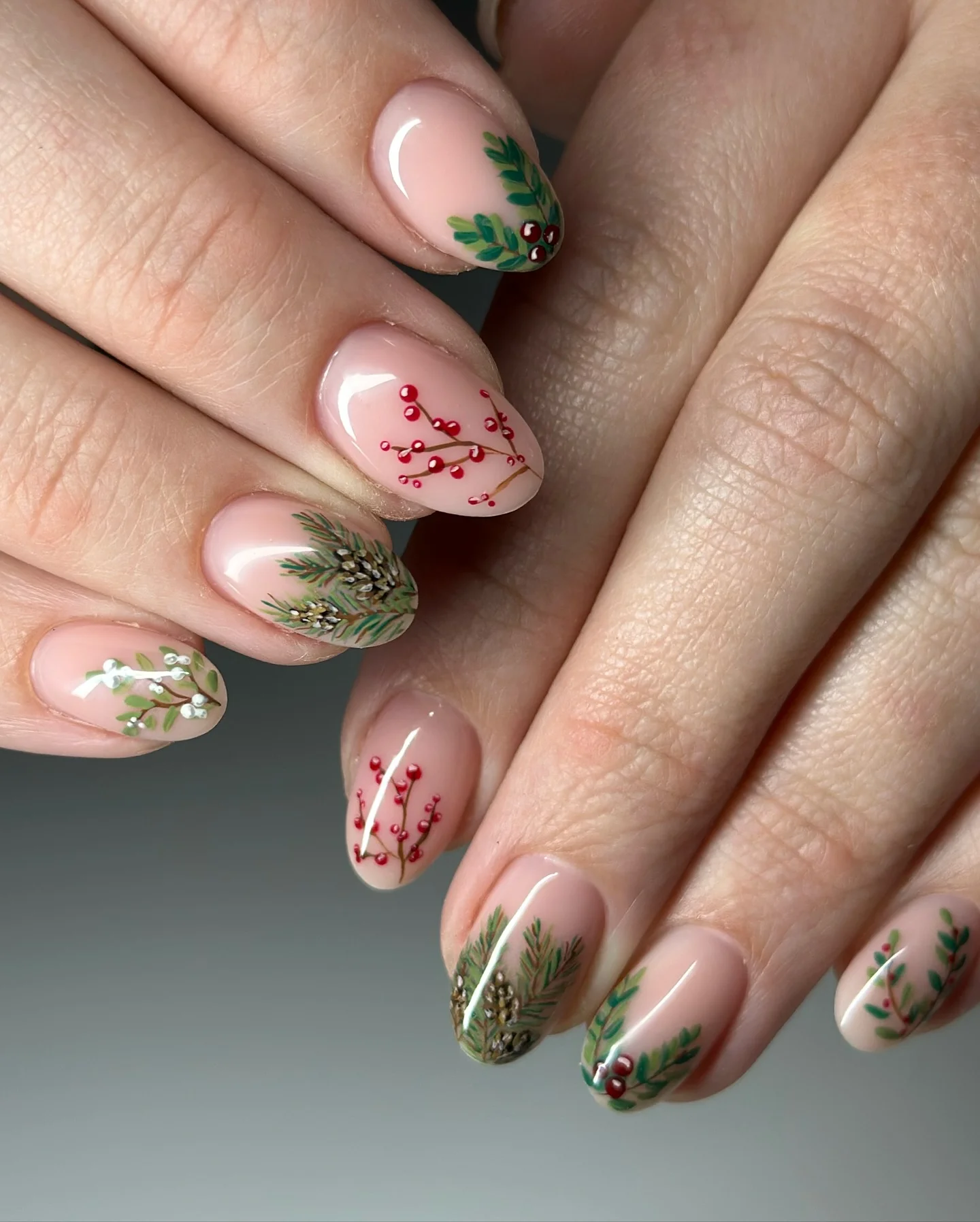 fall nail art 2026 Evergreen Botanical Branches With Winter Berry Accents