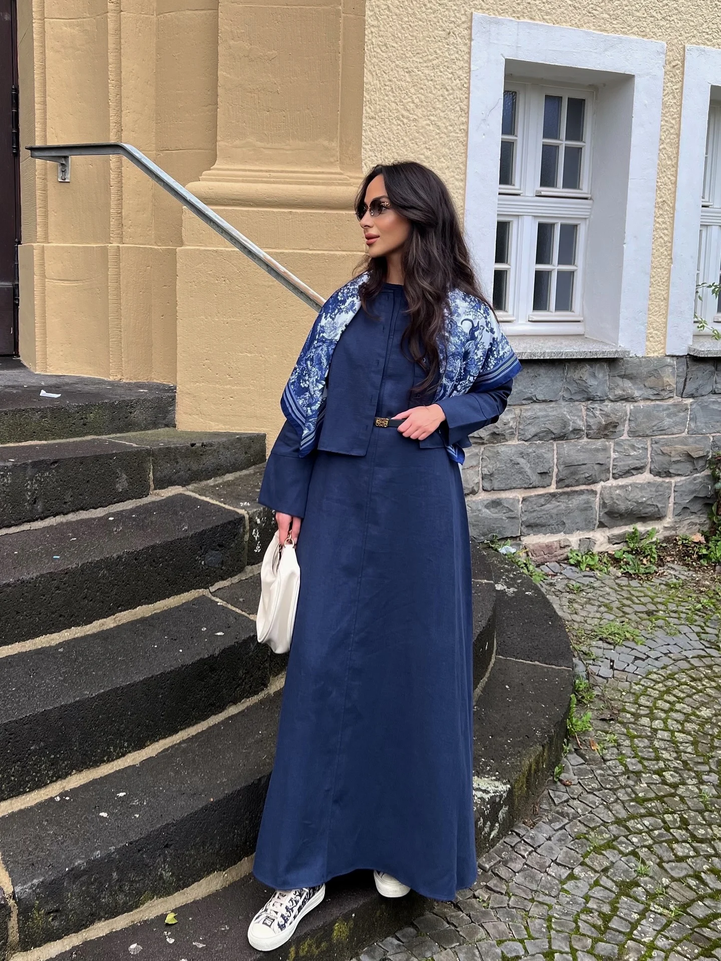 womens modest fall outfits 2026 Flowing Navy Maxi Dress With Printed Scarf Layers