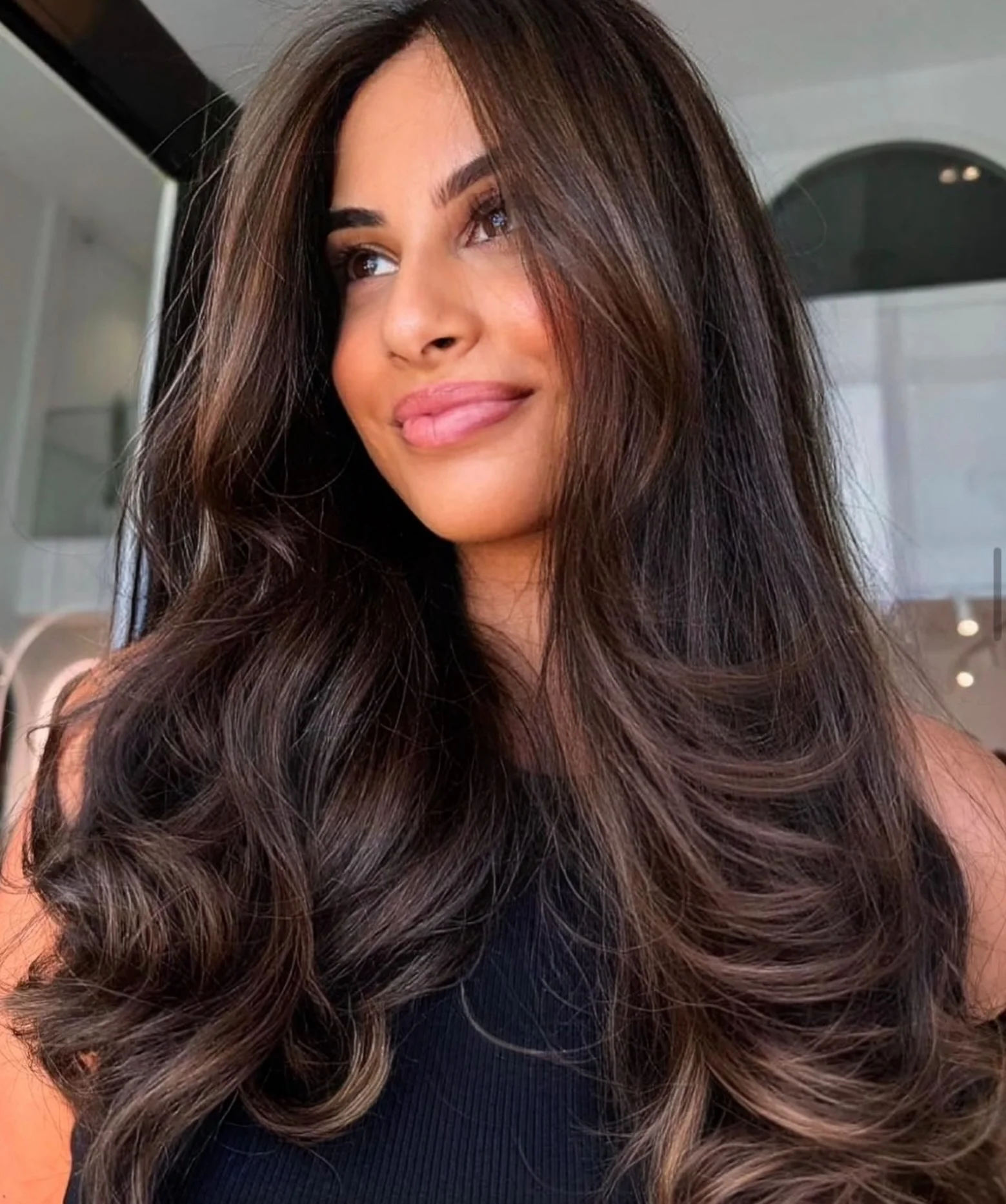 dimensional brunette hair color Dark Chocolate Waves With Soft Honey Ribbons
