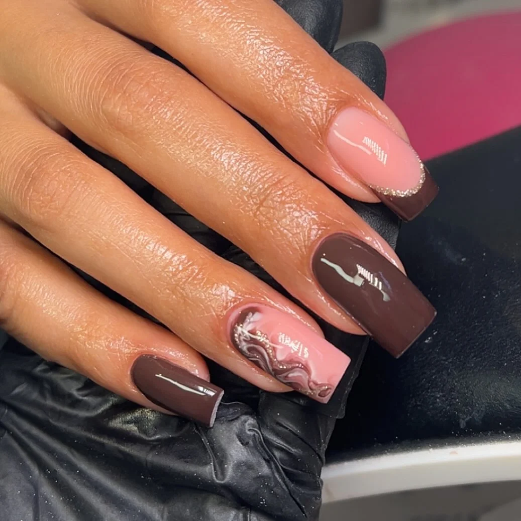 fall acrylic nails 2026 Glossy Cocoa Marble Statement Nails