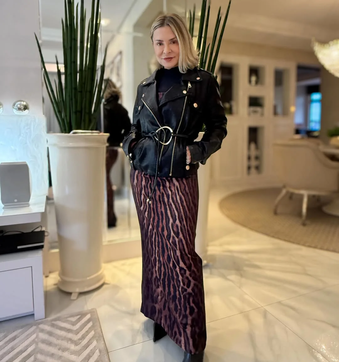 fall date night outfits for women 2026 Leather Jacket And Animal Print Skirt With Modern Confidence