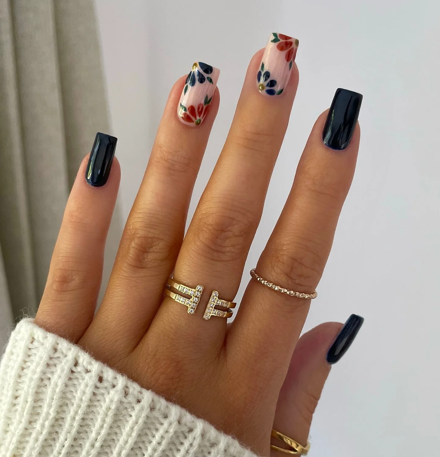 fall medium nail ideas 2026 Midnight Floral Square Statement