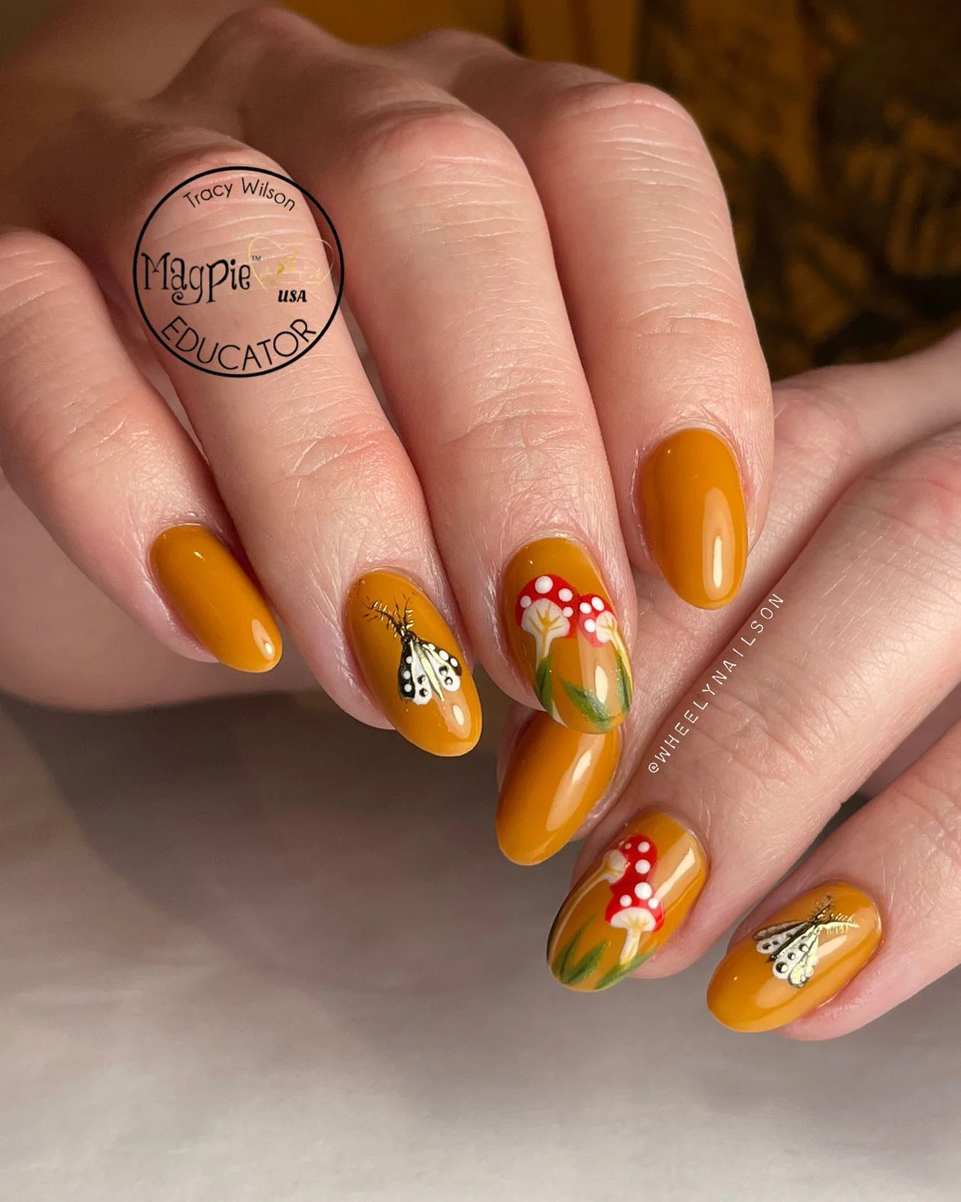 fall nail art 2026 Mustard Woodland Mushrooms And Delicate Moths