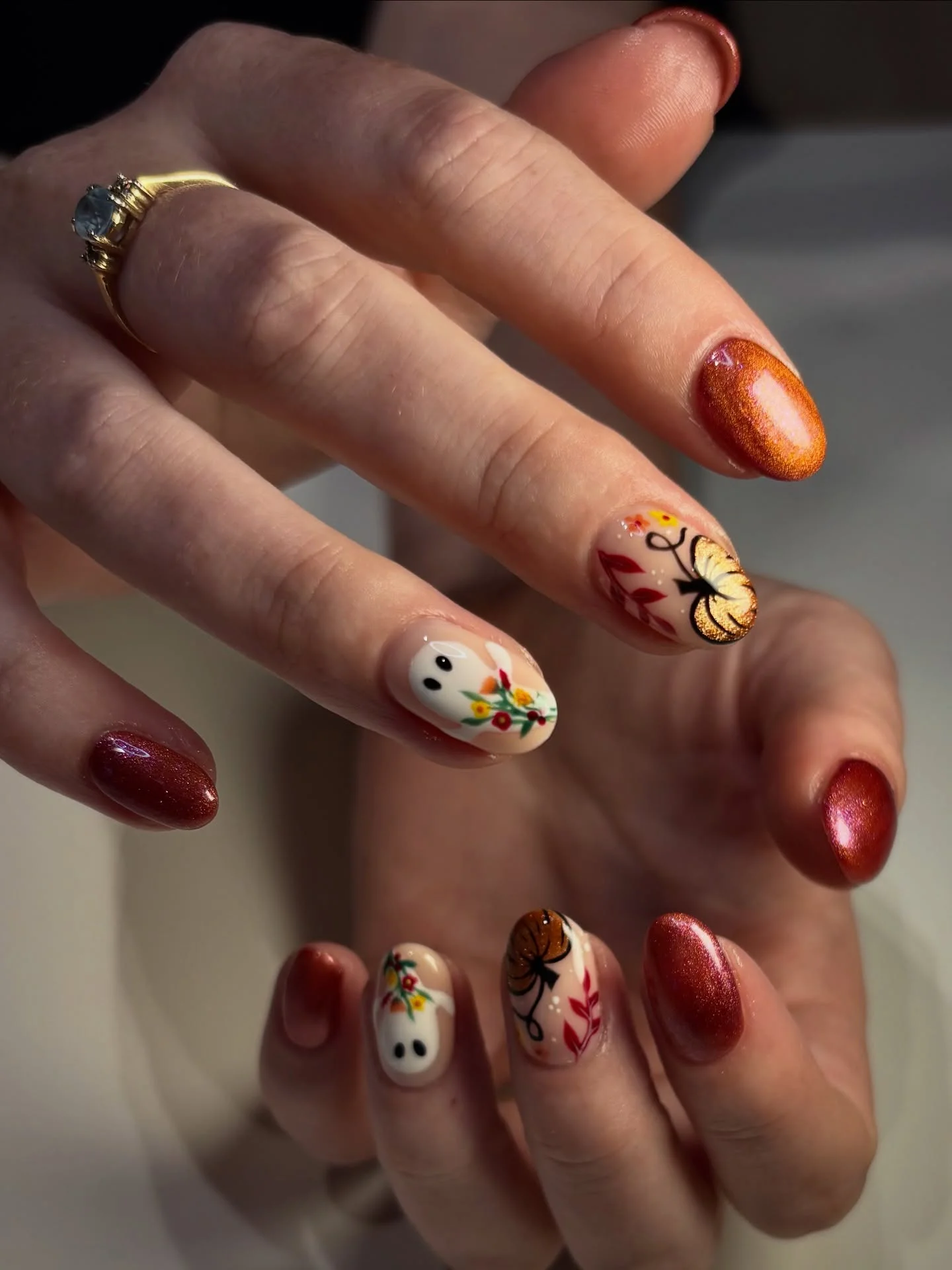 fall nail for all plates skin 2026 Copper Shimmer Nails With Charming Autumn Illustrations