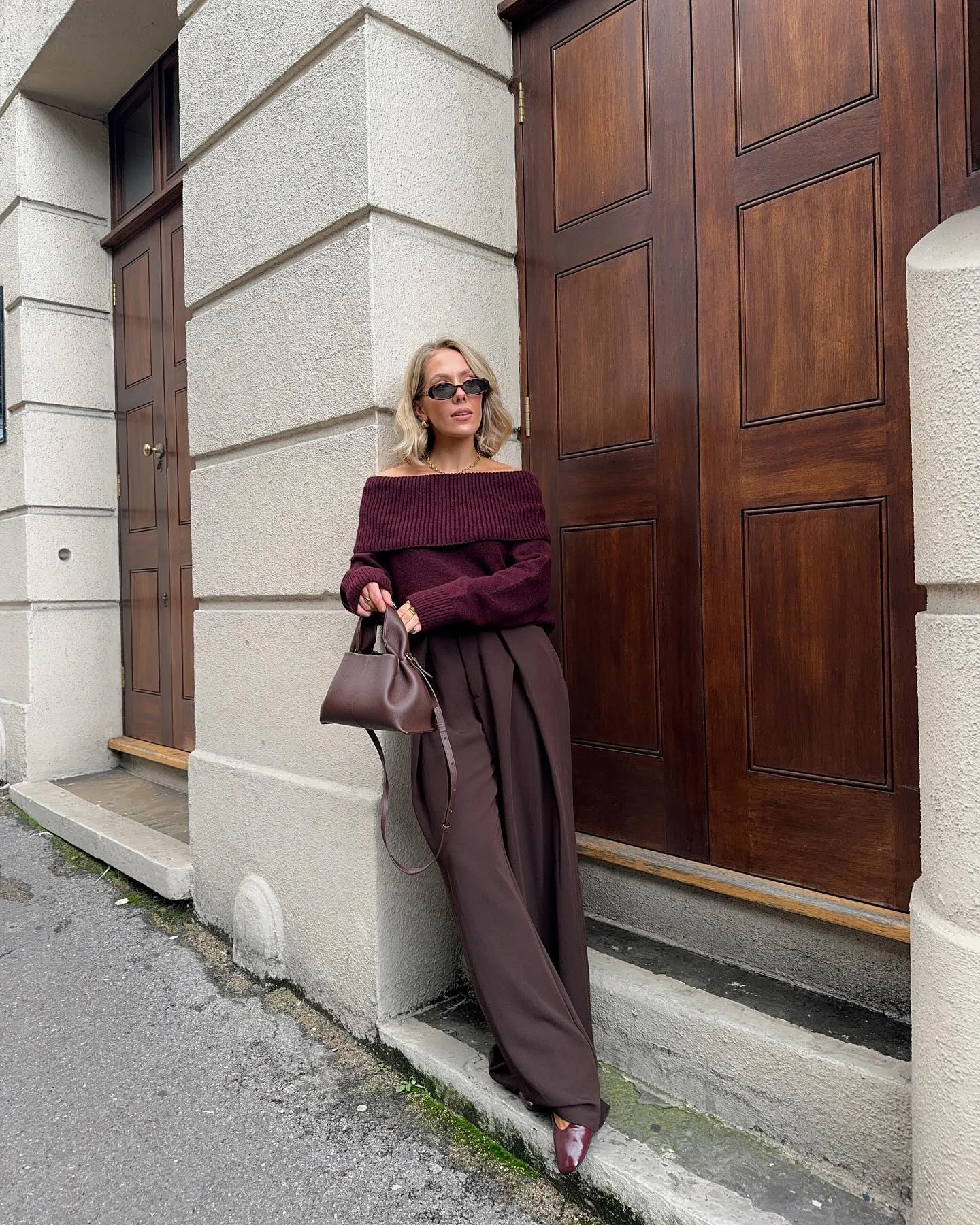 going out outfits fall 2026 Deep Burgundy Knit And Wide-Leg Trousers For Relaxed Evening Elegance