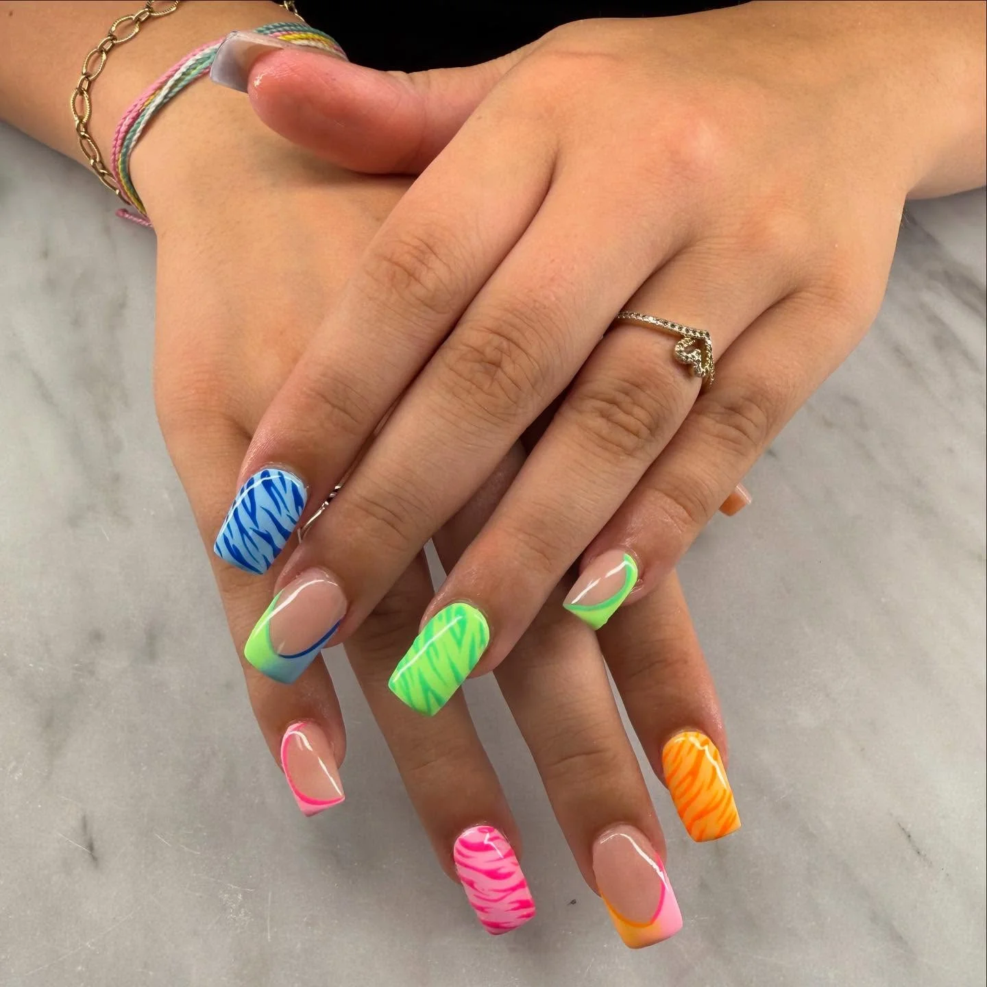 nail designs for august 2026 Neon Safari French Nails With Colorful Square Style