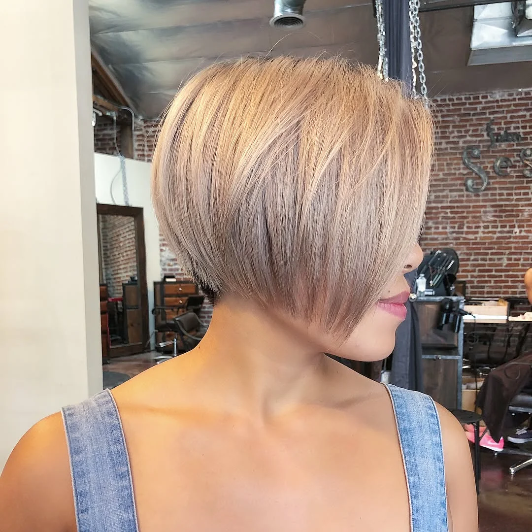 short bobbed hairstyle Stacked Blonde Bob With Soft Graduation