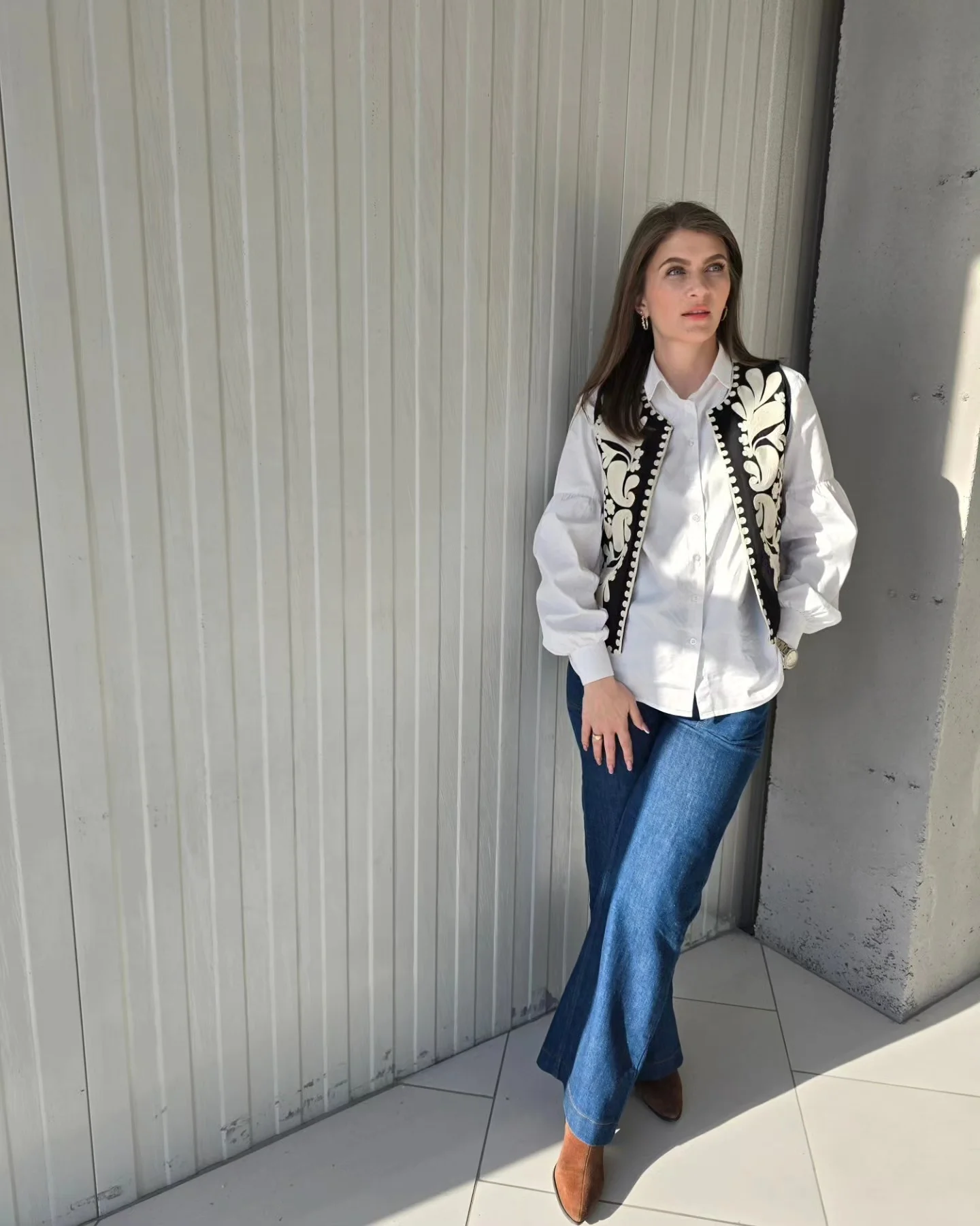 boho chic fall outfits for work 2026 Classic Embroidery Meets Modern Office Denim