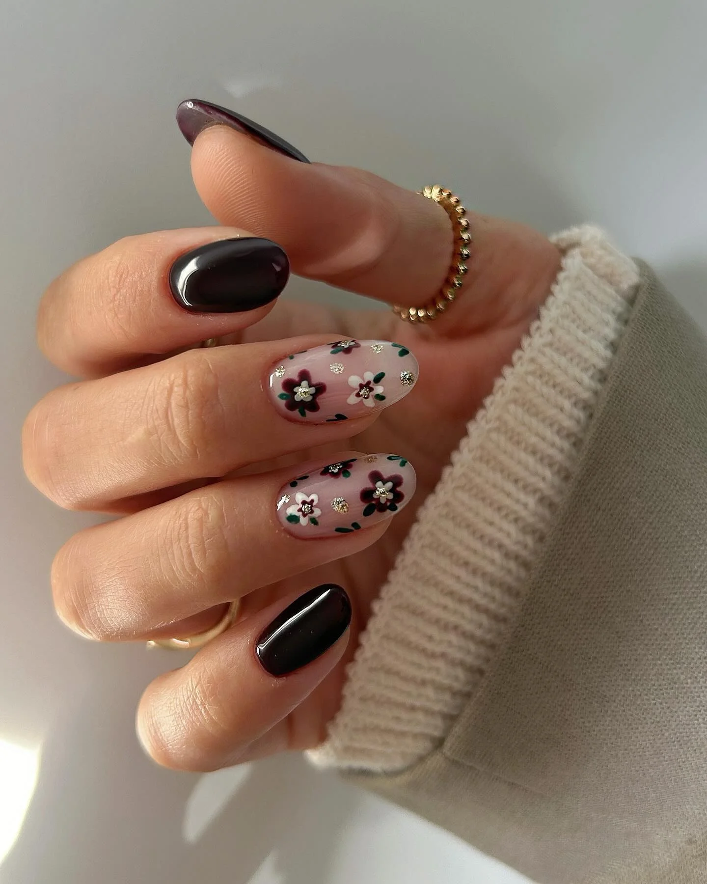 fall medium nail ideas 2026 Moody Floral Manicure With Deep Berry Accents