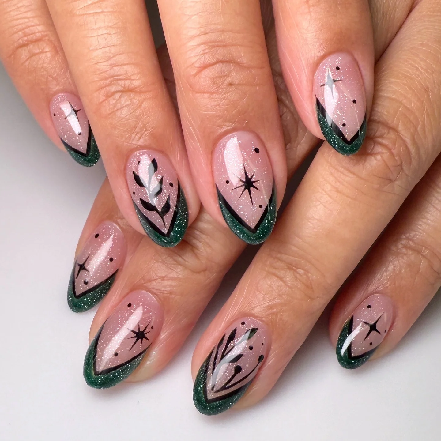 fall nail for all plates skin 2026 Emerald French Tips With Botanical Autumn Art