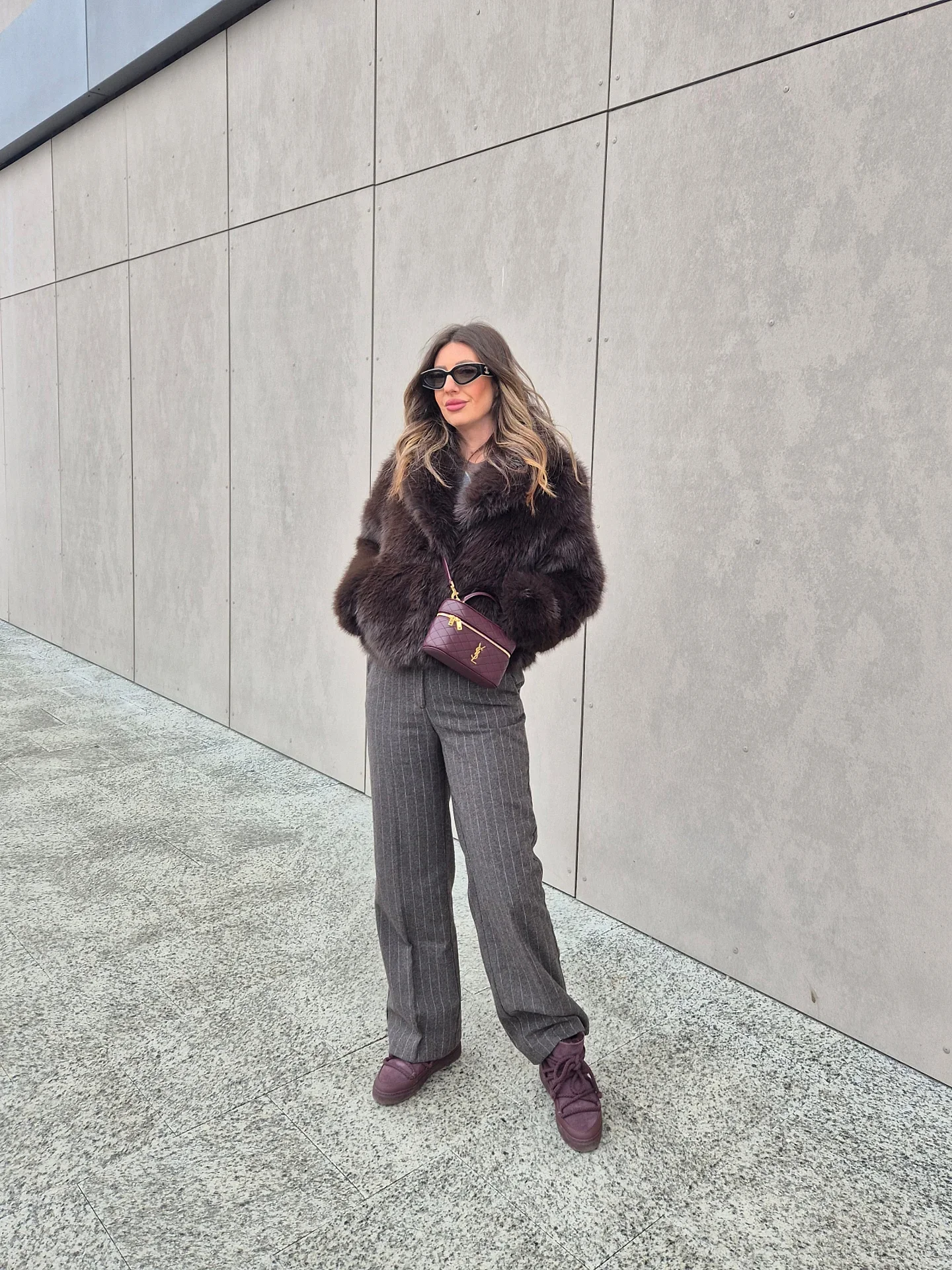 faux fur jacket Chocolate Brown Faux Fur With Tailored Pinstripe Trousers