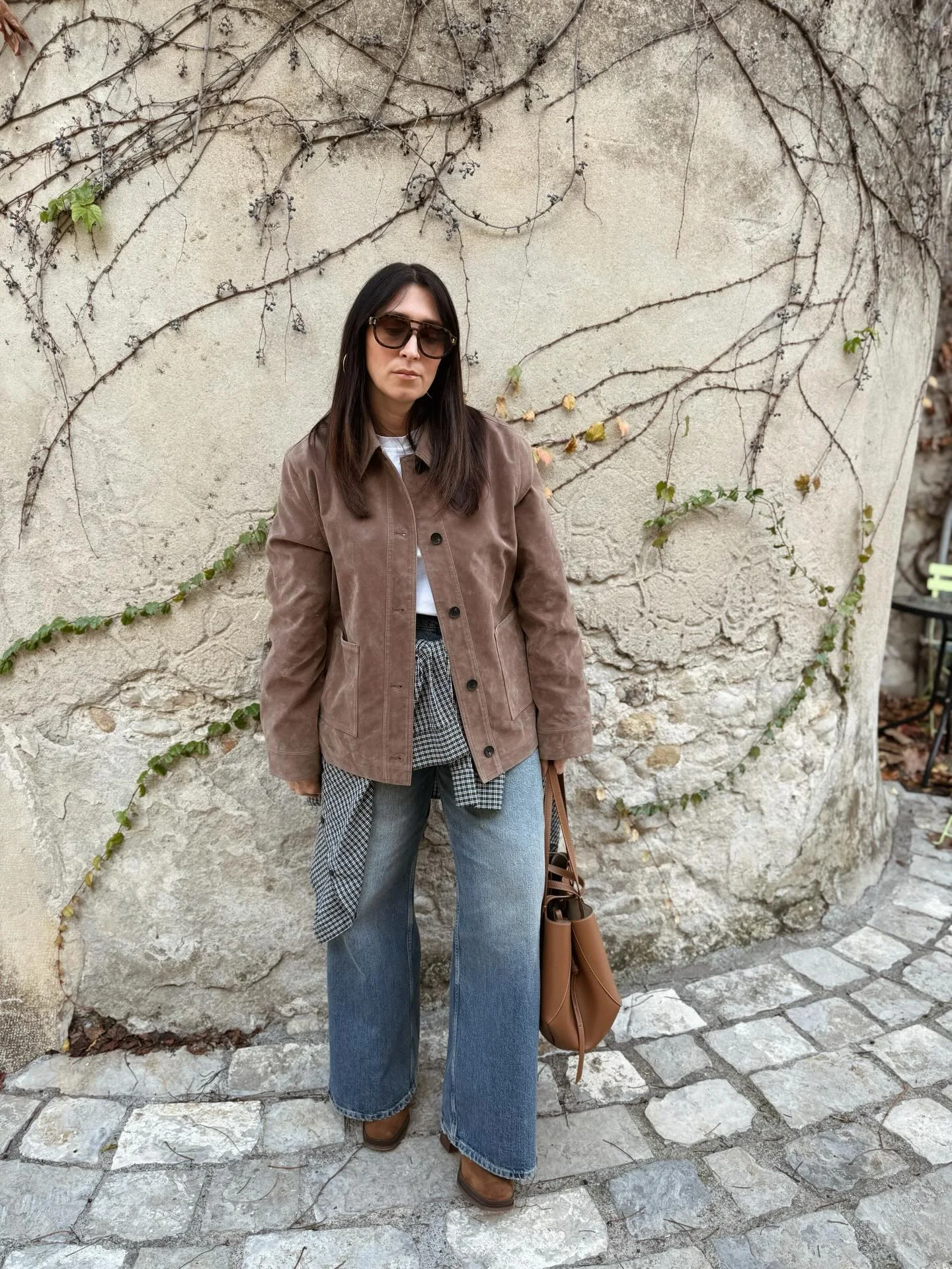 midsize fall fashion outfits 2026 Soft Brown Layers With Relaxed Denim And Leather Texture