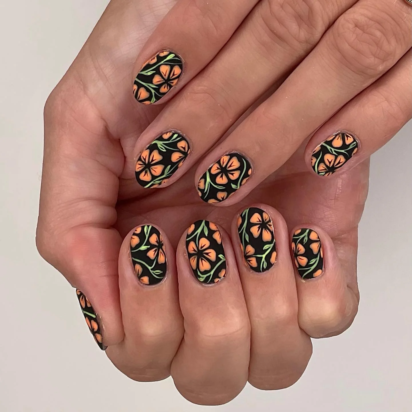 september nail art ideas 2026 Matte Botanical Pattern Nails With Modern Vintage Charm