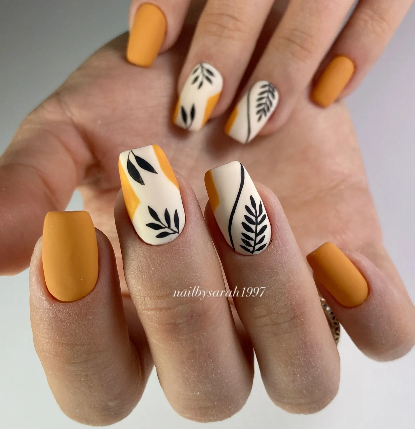 september nail designs 2026 Golden Mustard Botanical Nails For Cozy Autumn Days