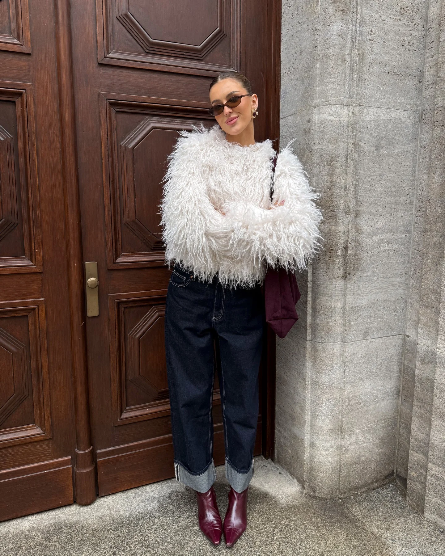 shaggy jacket Cropped White Faux Fur With Modern Denim