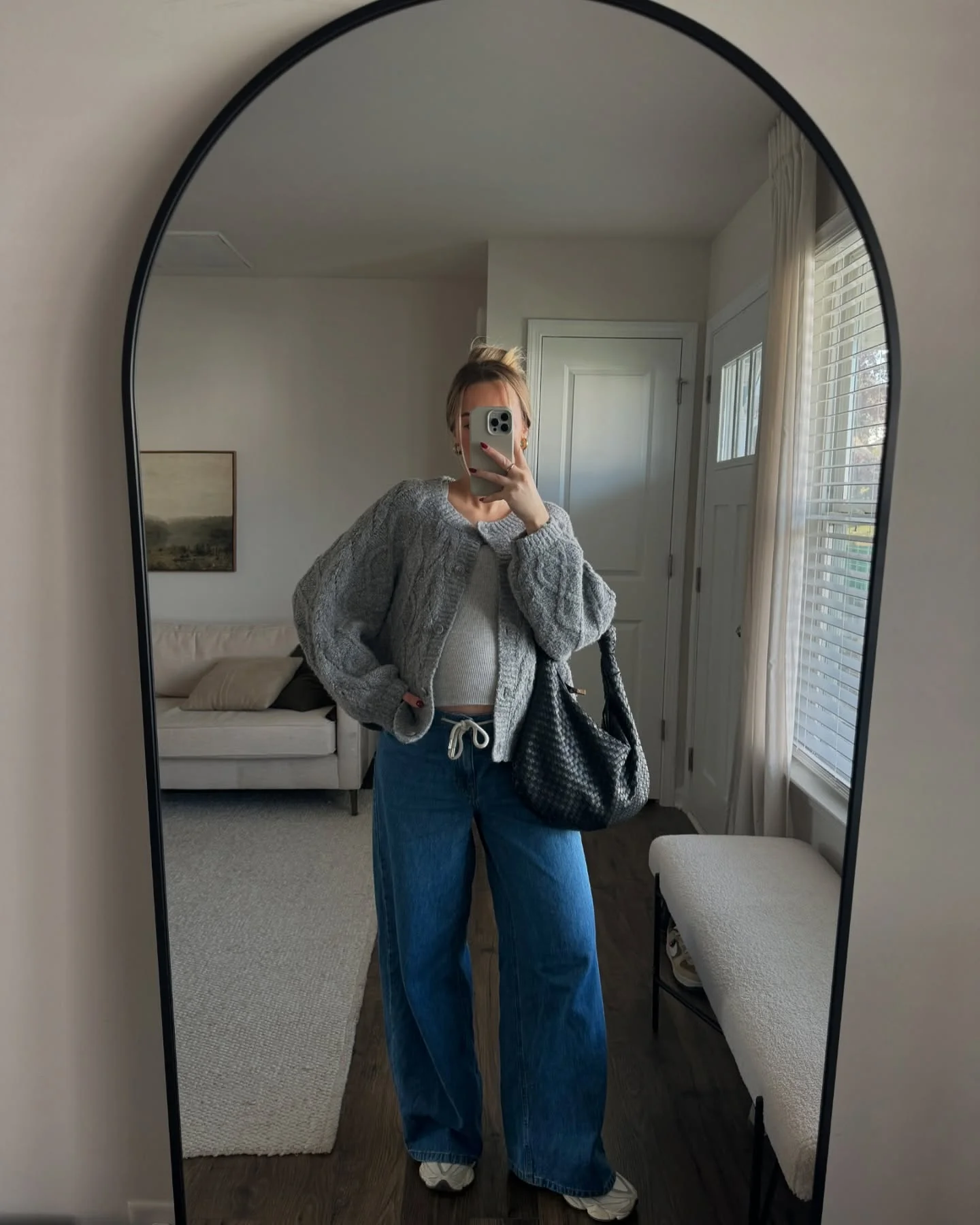 comfy pregnancy outfits for fall 2026 Chunky Knit Cardigan With Wide-Leg Denim