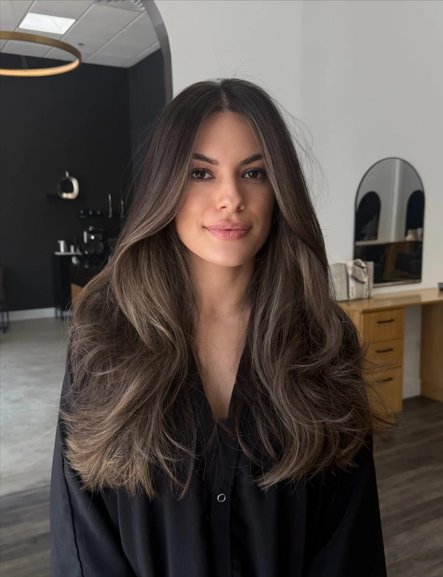 dimensional brunette hair color Cool Mocha Blend With Feathered Layers