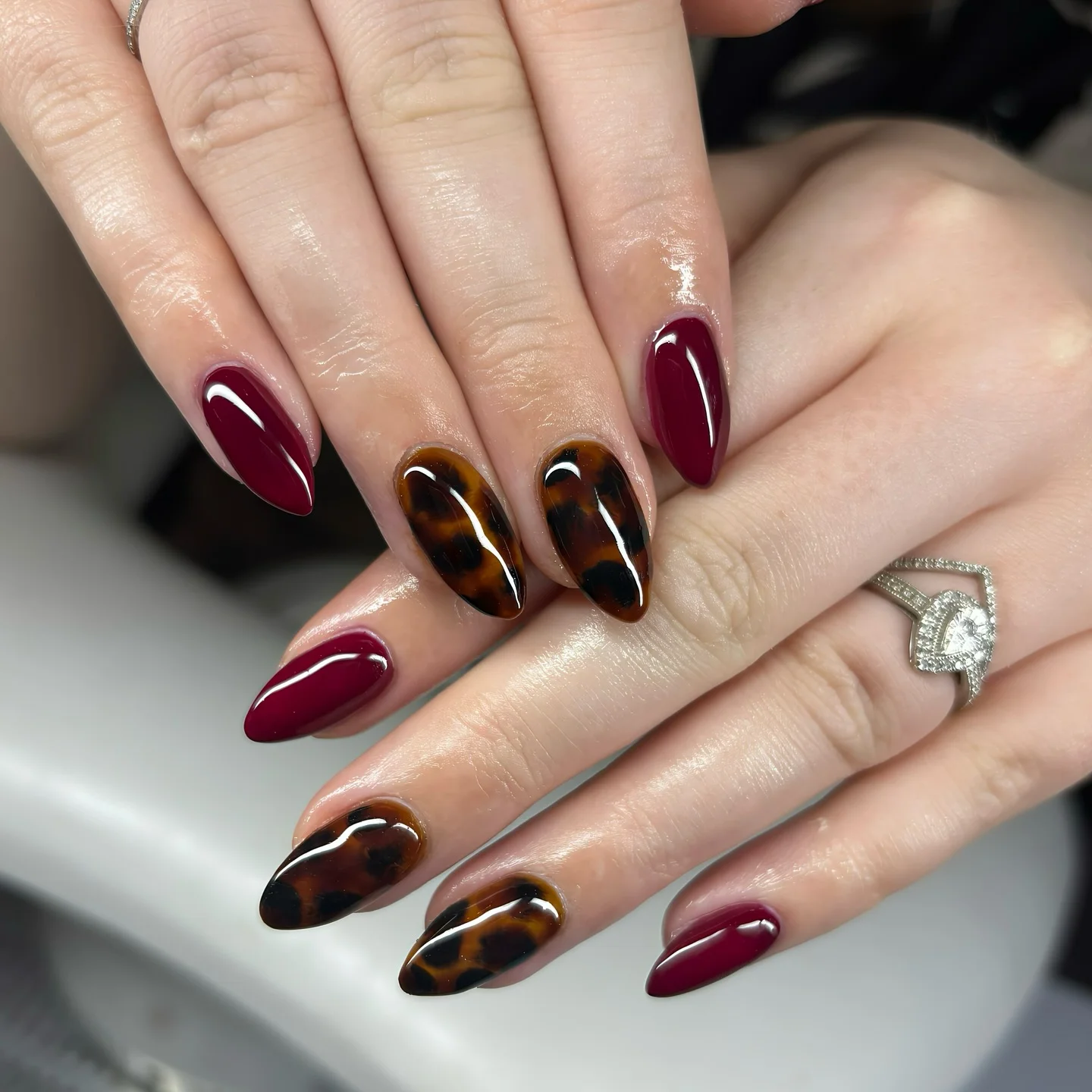 fall medium nail ideas 2026 Burgundy And Tortoiseshell Autumn Luxury