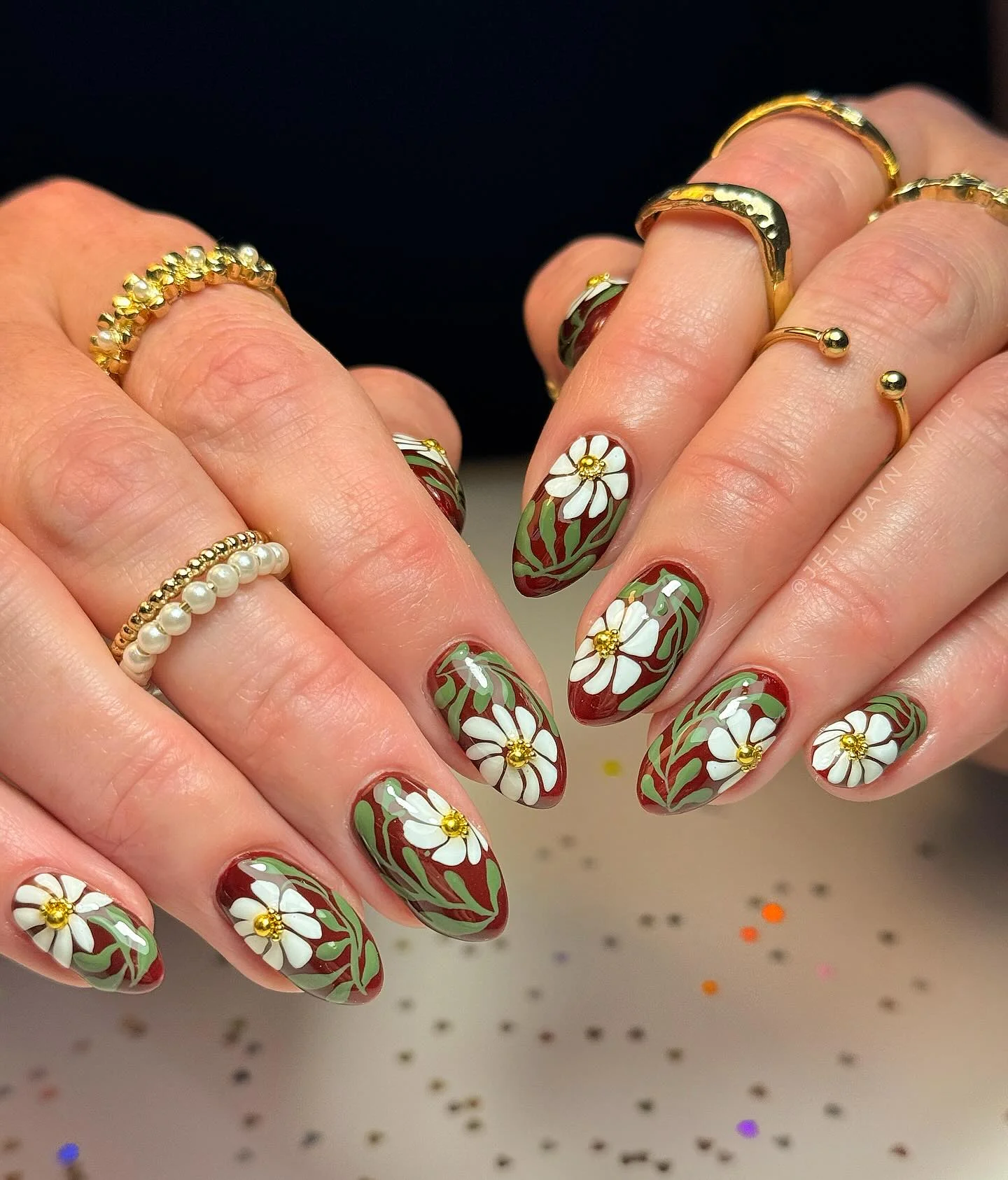 fall nail art 2026 Vintage Floral Garden In Earthy Green And Burgundy