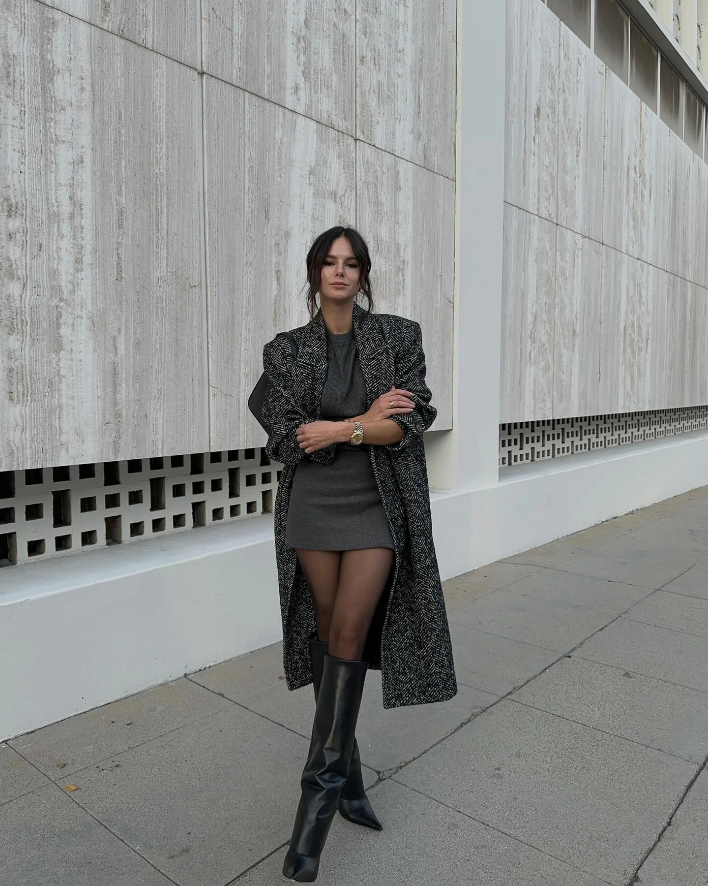 nice fall outfits for dinner 2026 Grey Sweater Dress With A Textured Long Coat