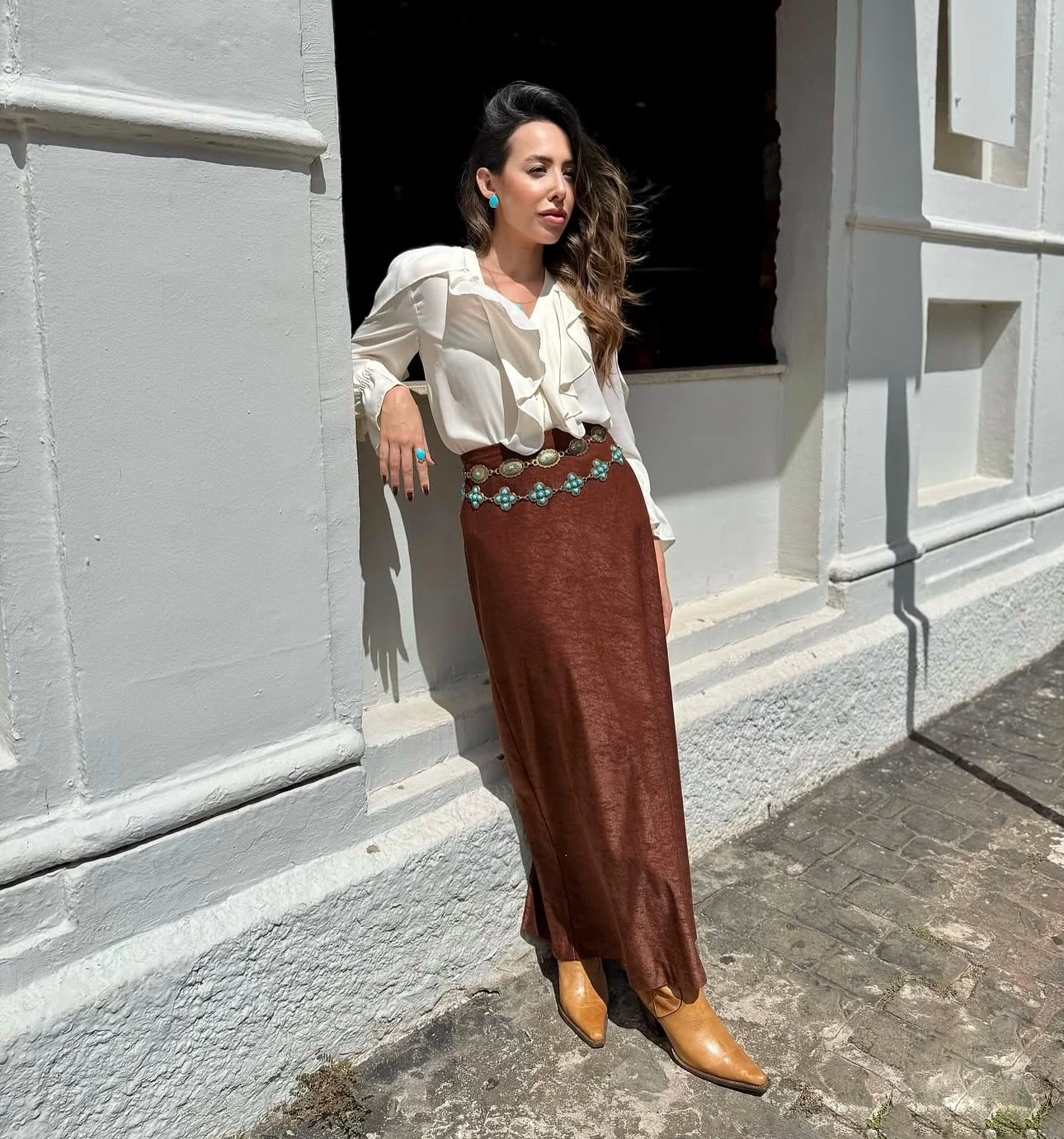 boho chic fall outfits for work 2026 Chocolate Maxi Skirt With Turquoise Statement Accents