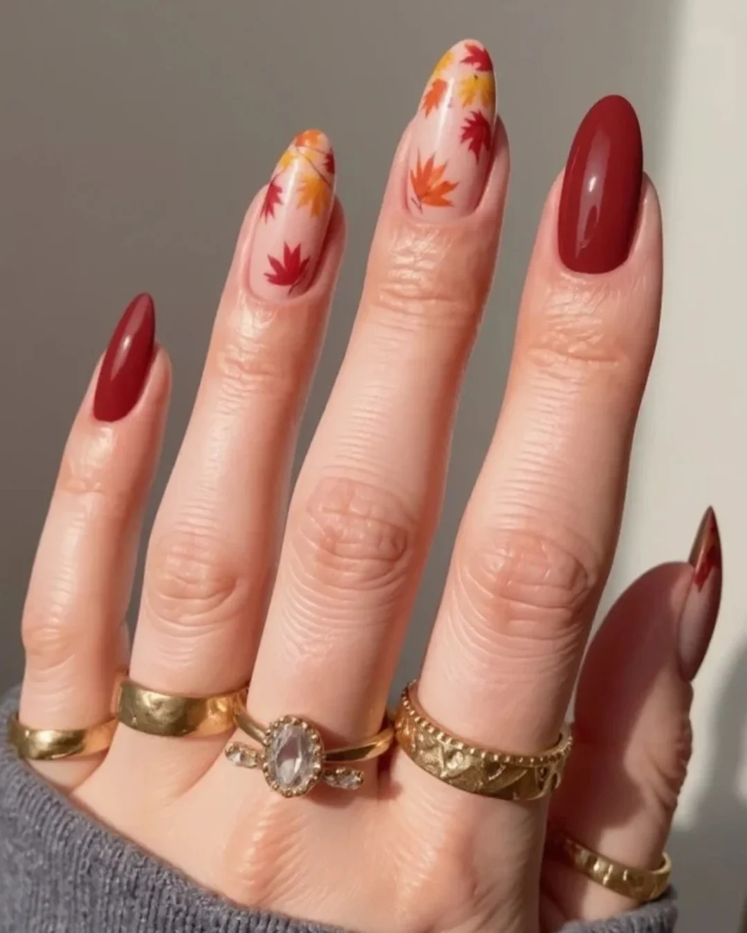 fall medium nail ideas 2026 Soft Maple Leaf Autumn Romance