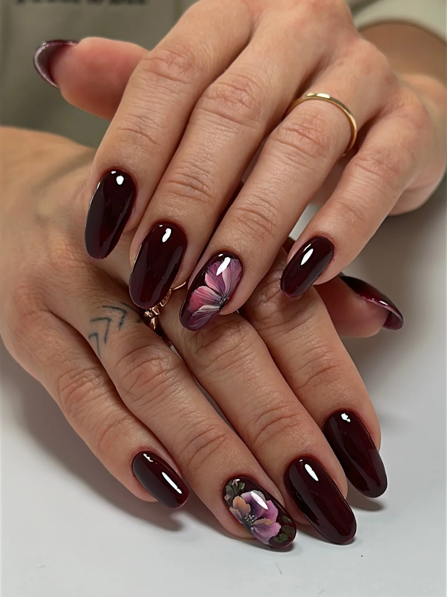 fall nail for all plates skin 2026 Deep Burgundy Nails With Romantic Floral Art