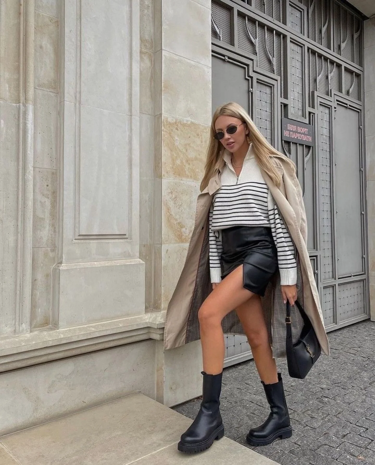 fall outfits with chelsea boots 2026 Striped Knit And Leather Mini Skirt With Chunky Chelsea Boots