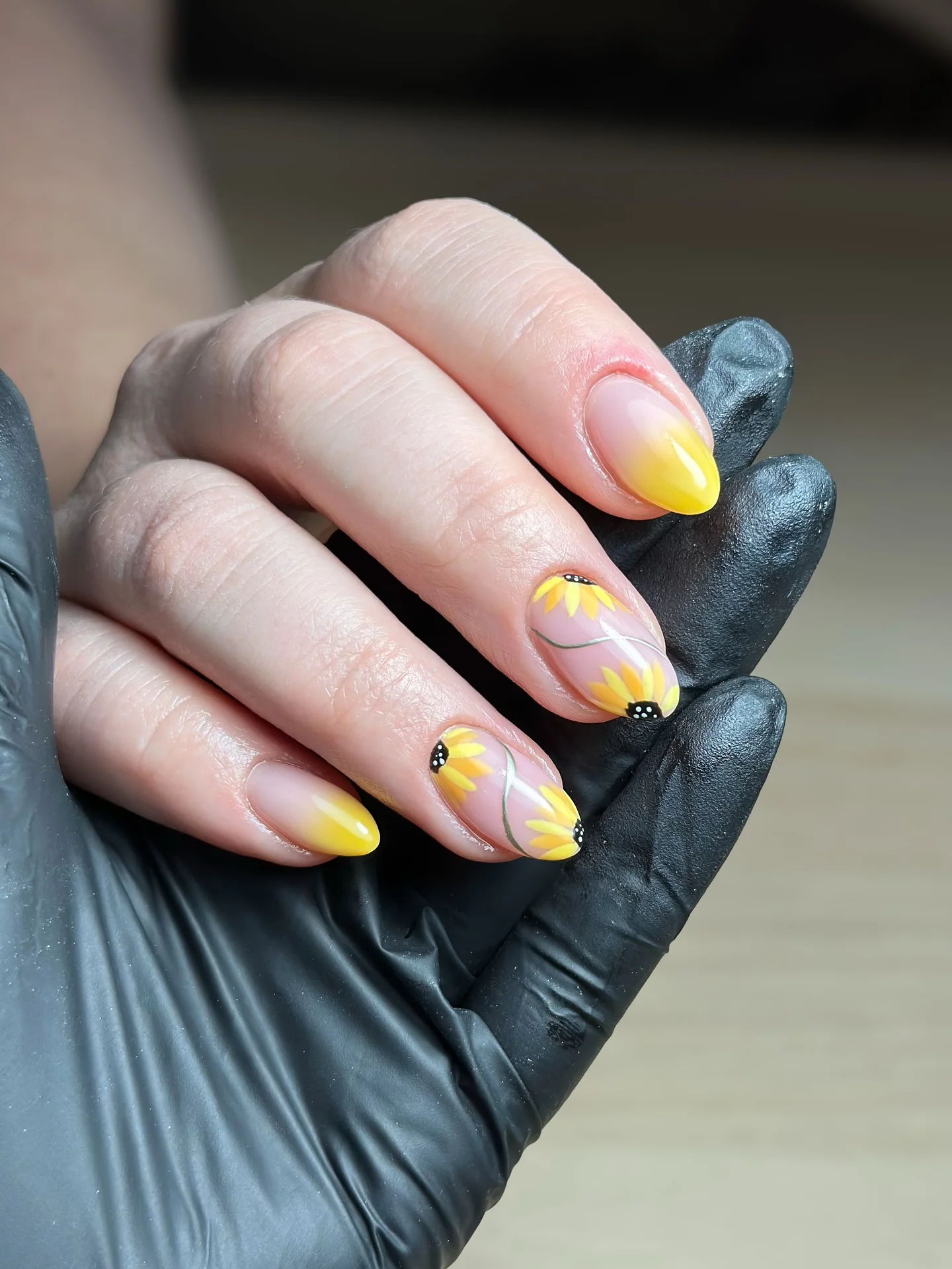 nail designs for august 2026 Sunny Sunflower Almond Nails With Soft Yellow Ombre