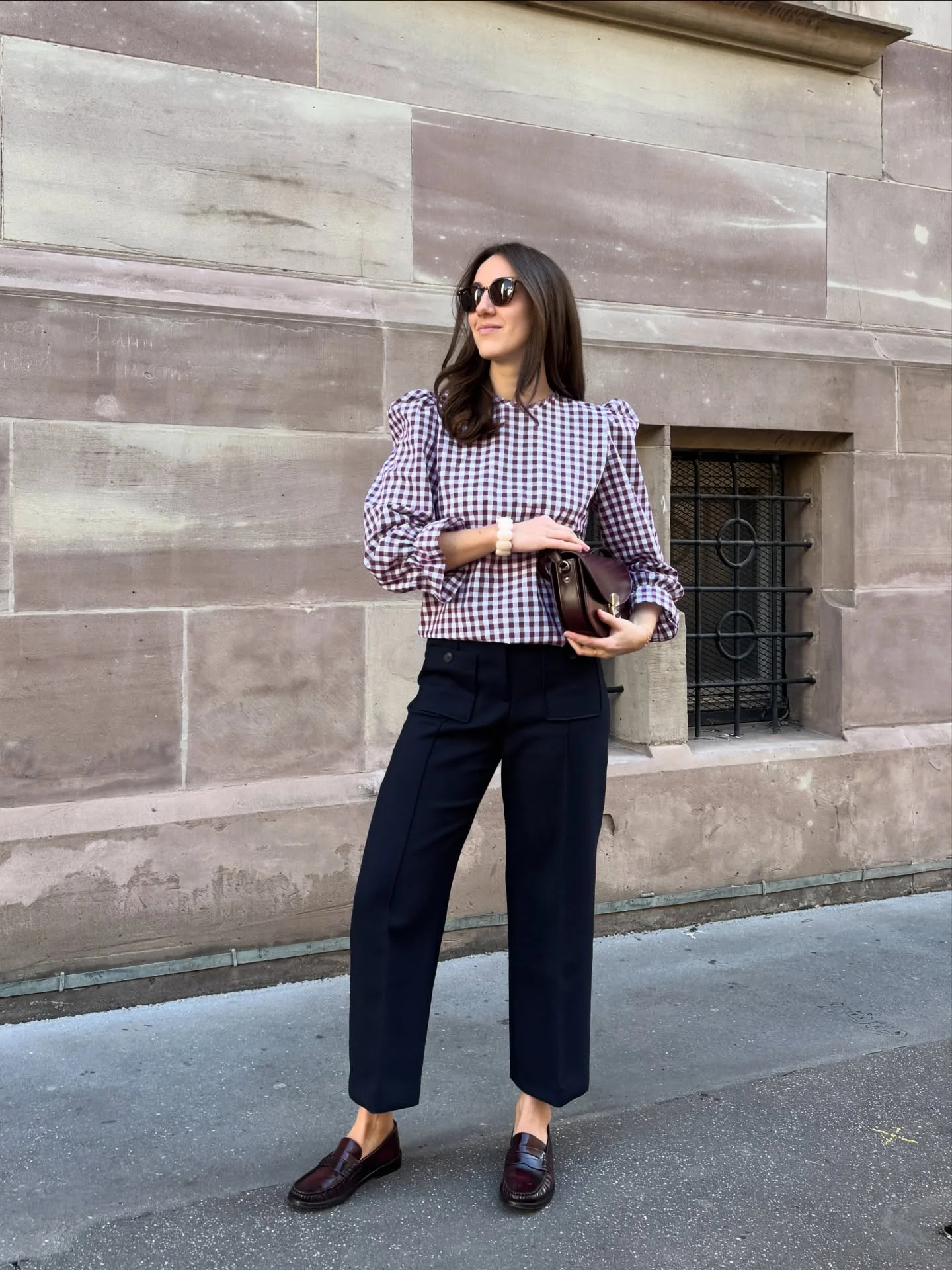 september fashion trends 2026 Checked Blouse And Tailored Navy Trousers