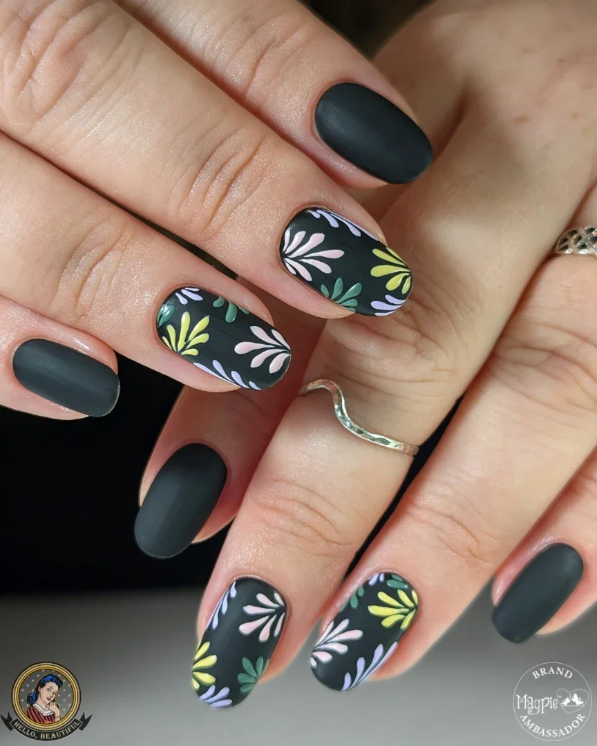 september nail art ideas 2026 Matte Charcoal Pastel Leaf Nails