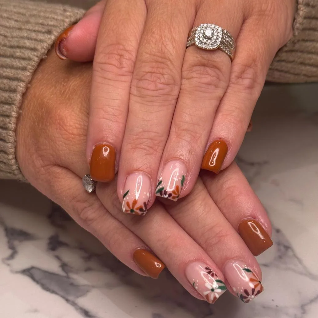 september nail designs 2026 Caramel Floral Short Nails For Cozy September Days