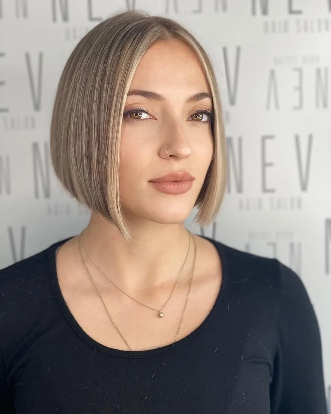 short bobbed hairstyle Classic Rounded Bob With Delicate Blonde Contouring