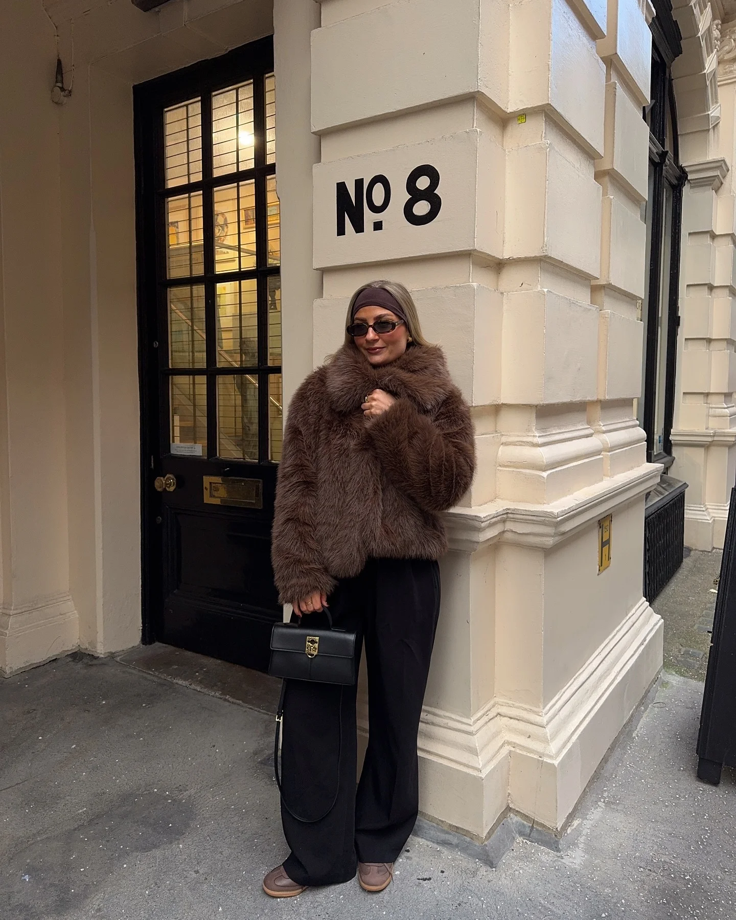 faux fur jacket Elegant Mocha Faux Fur With Flowing Black Trousers