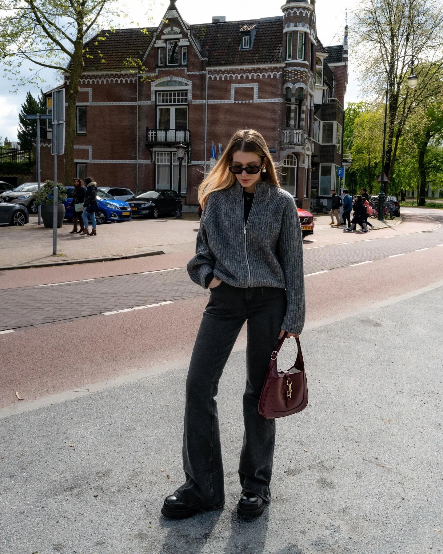 best fall outfits for women 2026 Soft Gray Knit With Wide-Leg Charcoal Denim
