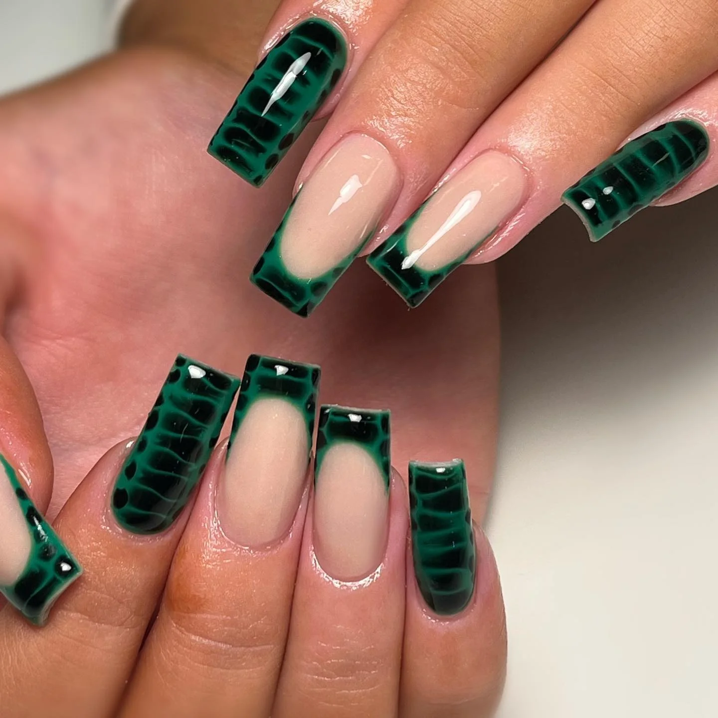 fall acrylic nails 2026 Emerald Crocodile French Tips With Modern Edge
