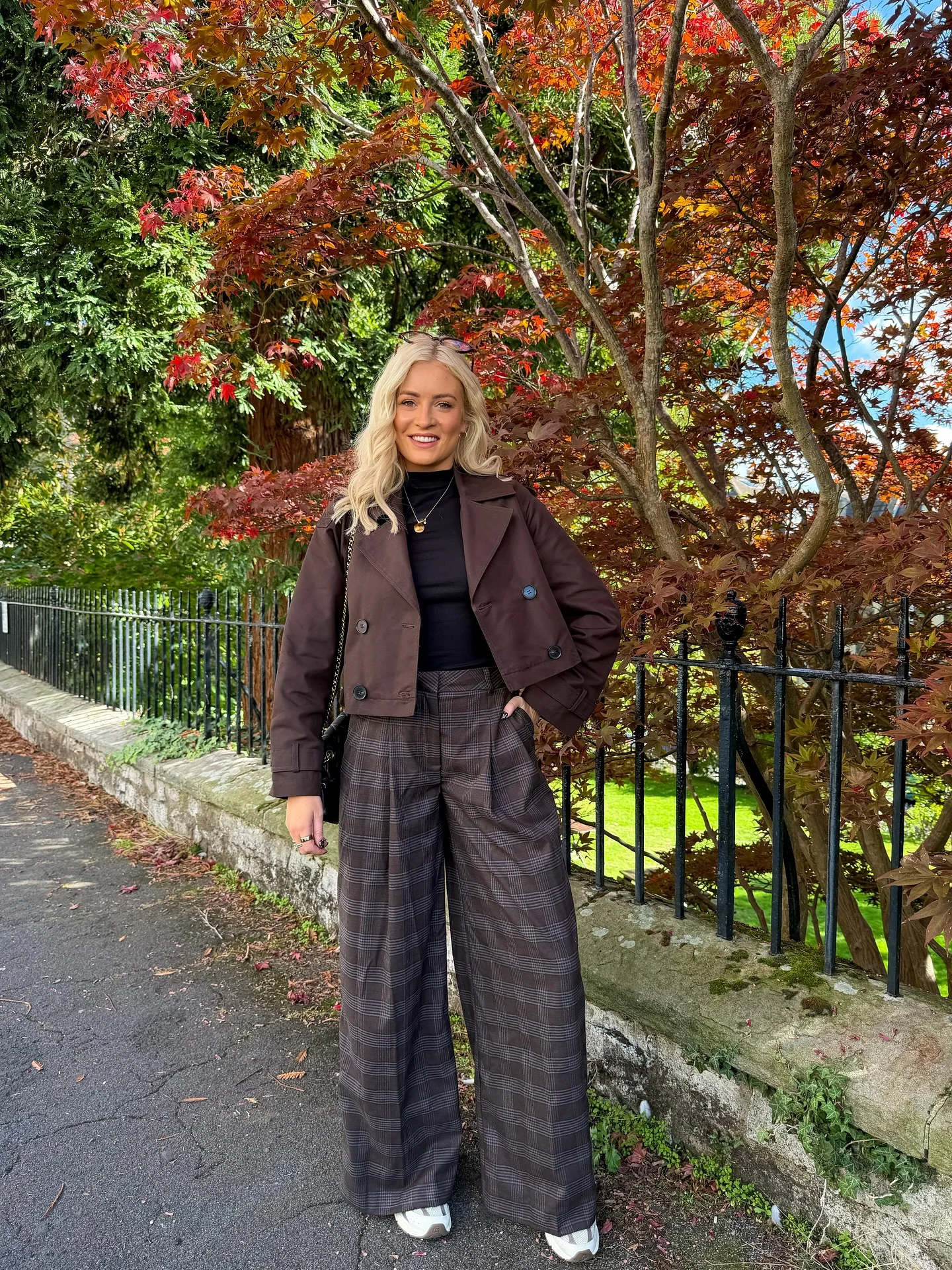 fall comfy outfits 2026 Chocolate Plaid Trousers With Modern Tailoring