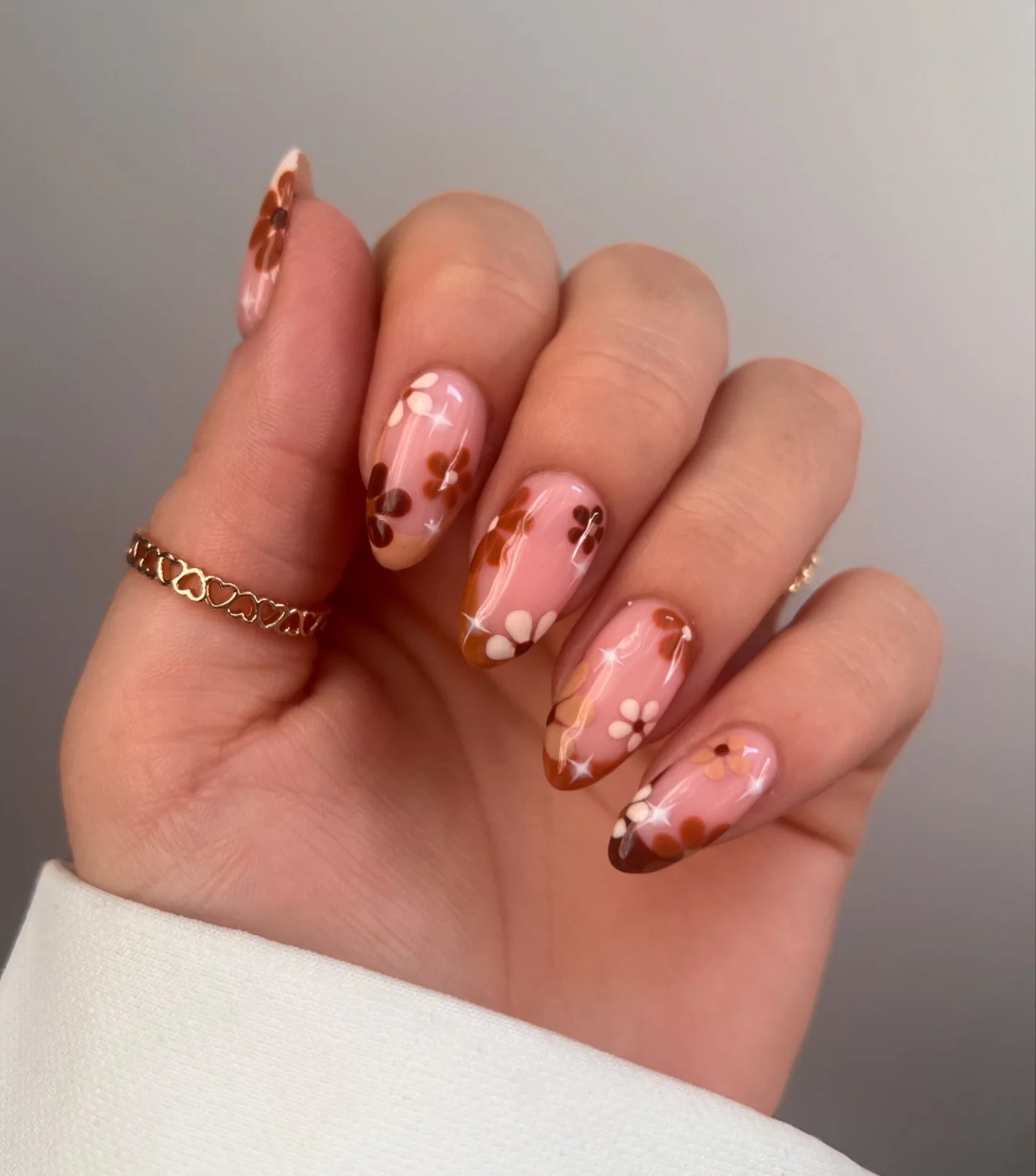 fall nail for all plates skin 2026 Soft Brown Floral Nails With A Retro Twist
