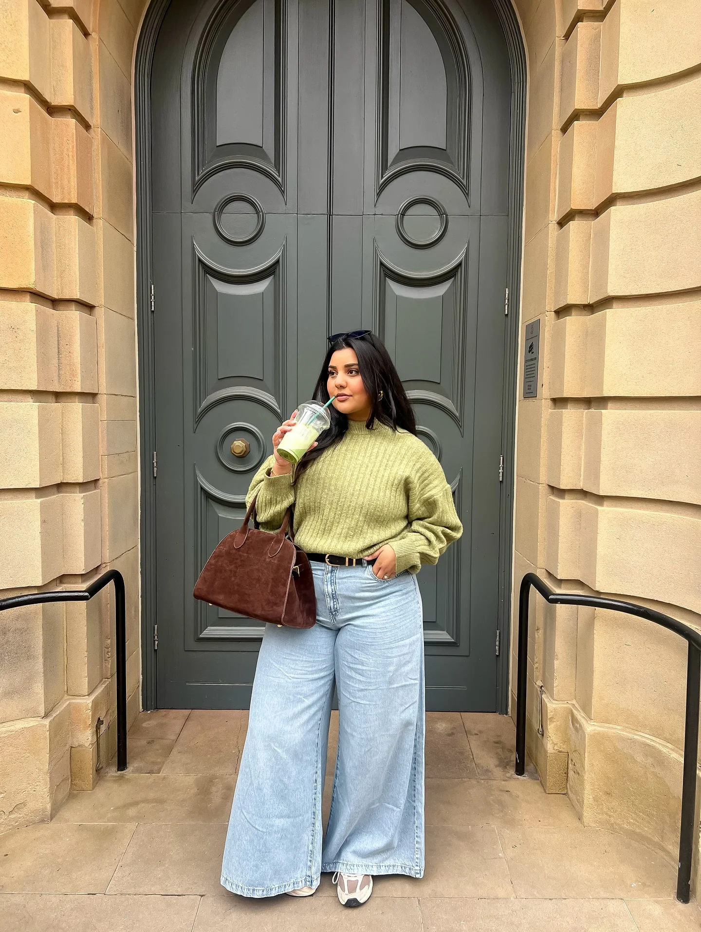 midsize fall fashion outfits 2026 Fresh Green Knit With Wide-Leg Jeans For Cozy Weekend Dressing
