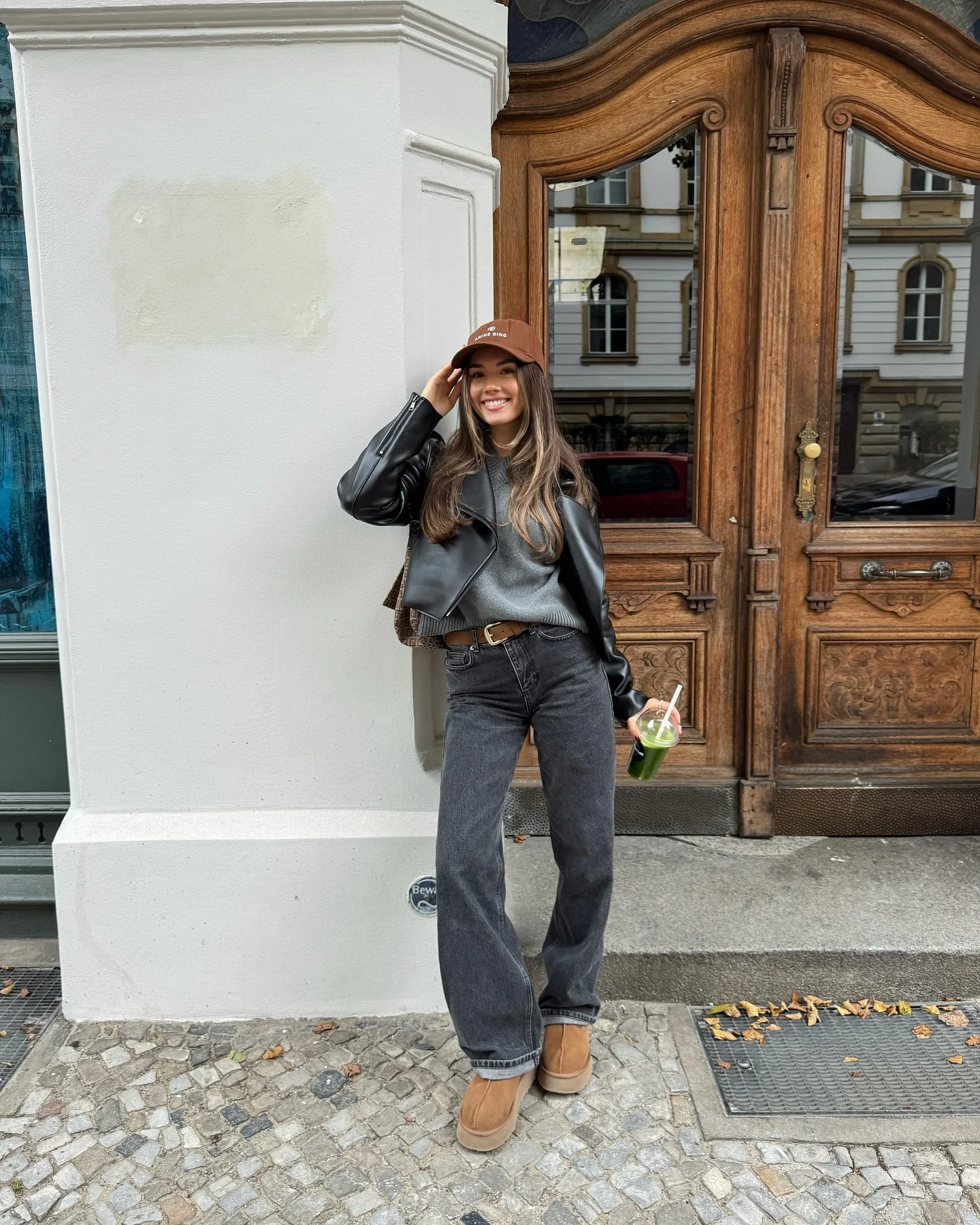 fall comfy outfits 2026 Relaxed Leather Jacket And Washed Black Denim