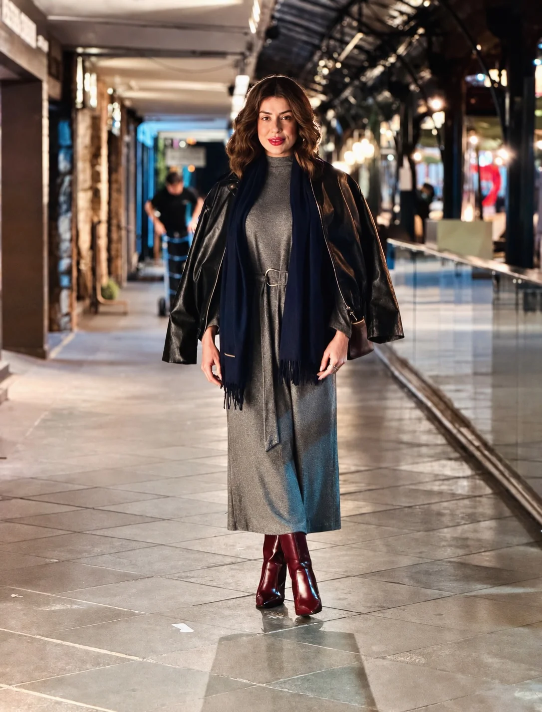 fall date night outfits for women 2026 Soft Knit Maxi Dress With Leather Layers